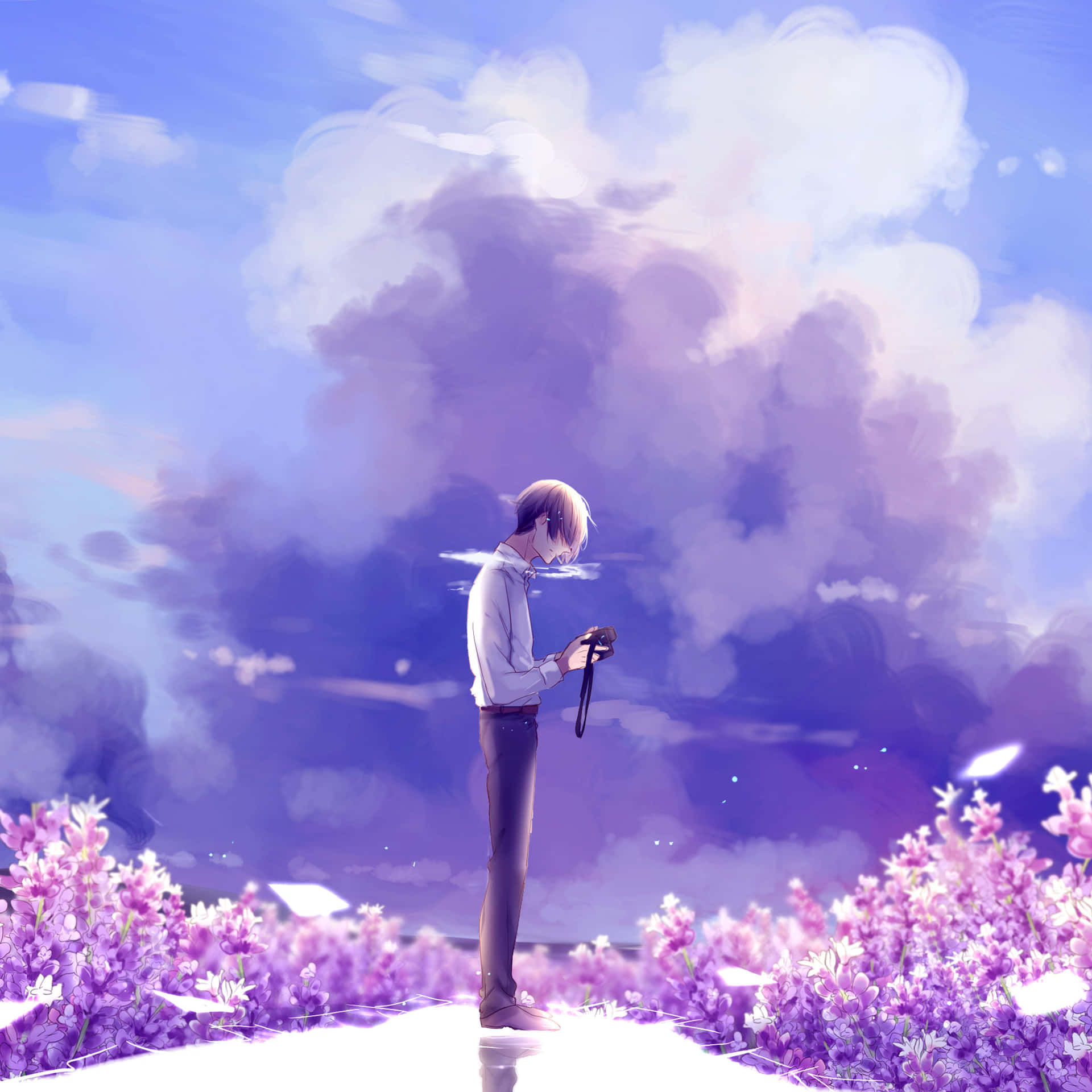 Image Aesthetic Anime Guy Sitting By The Beach Background