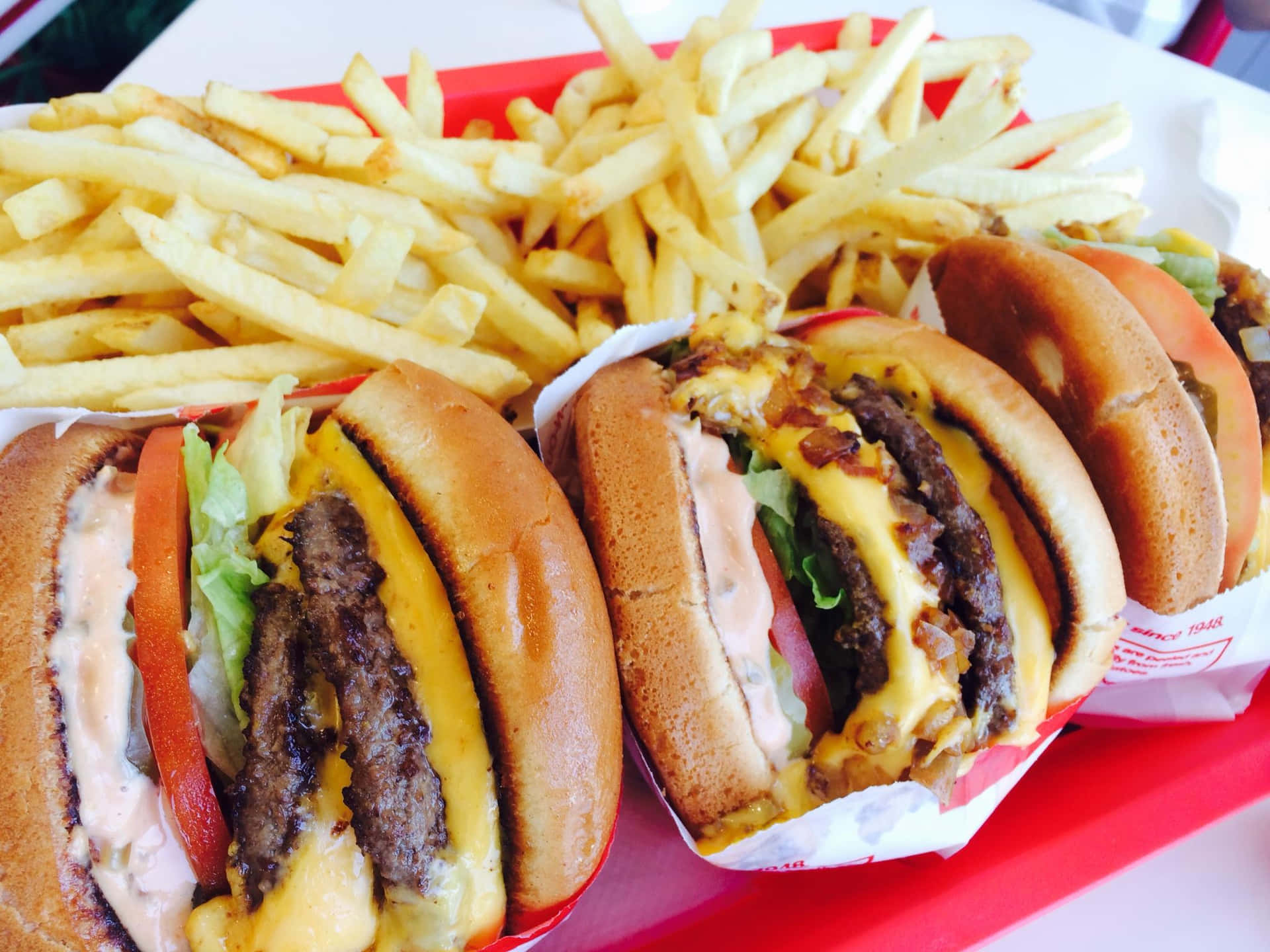 Image Crispy, Classic Burgers And Fries Enjoyed At In N Out Background