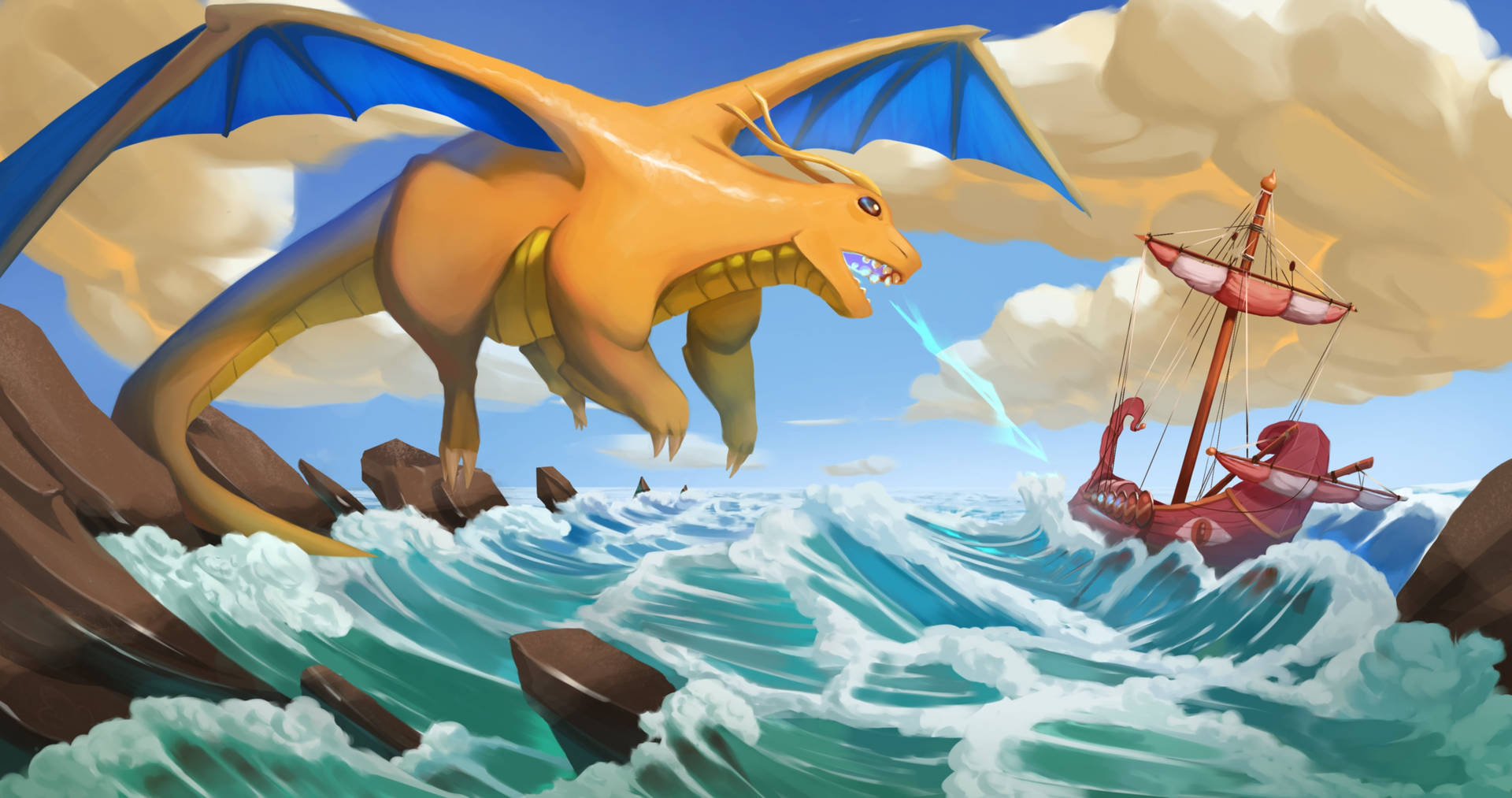 Image Dragonite Attacking Boat Background