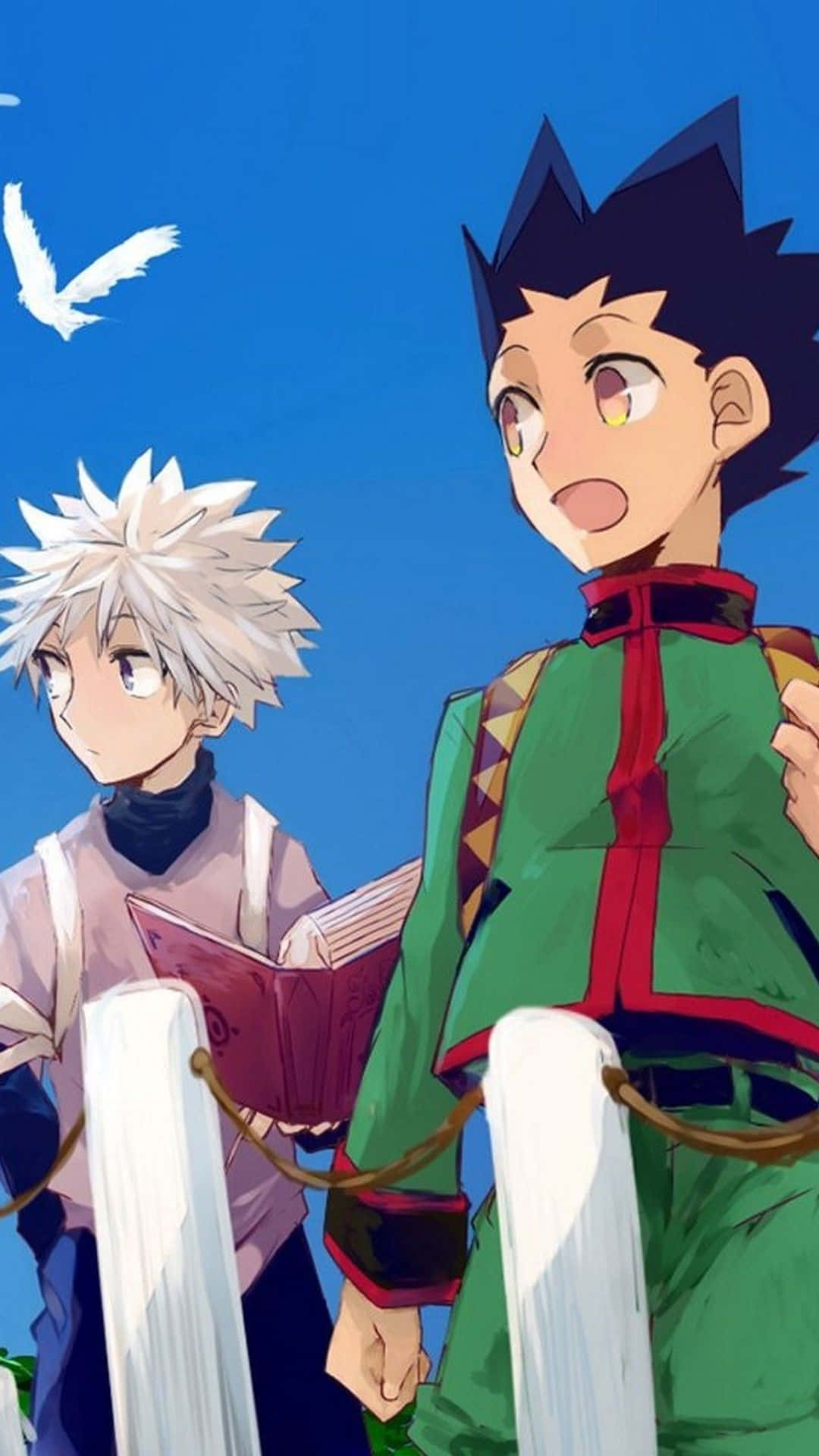 Image Gon And Killua Embracing Each Other Against A Background Of Colorful Stars Background