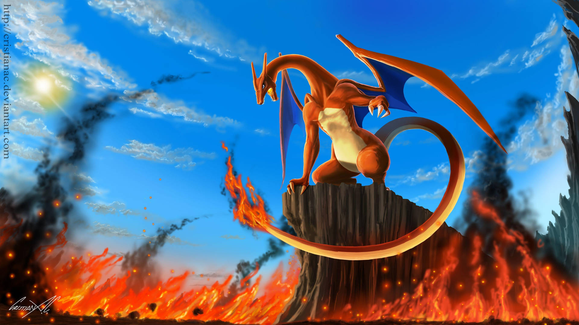 Image Majestic Charizard Breathing Fire In The Open Sky Background