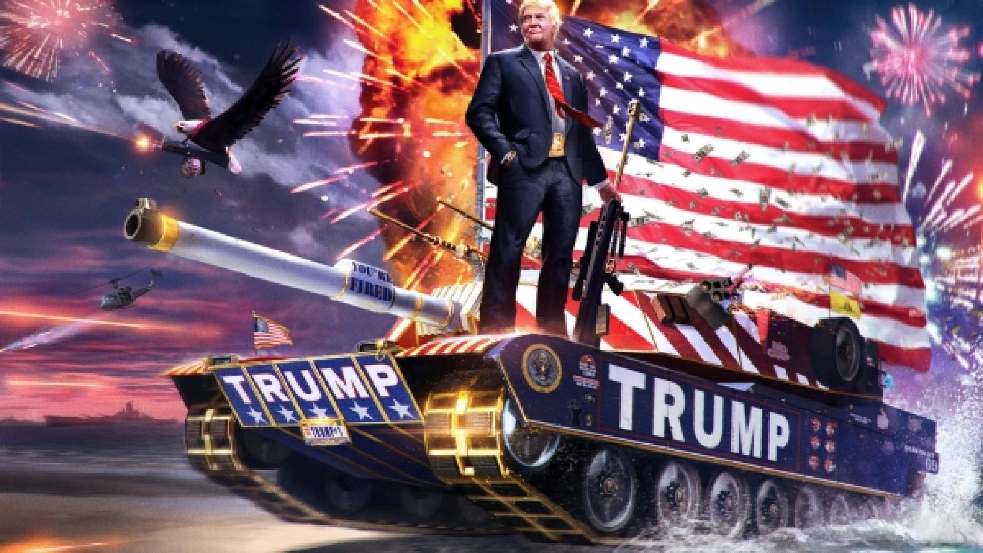 //image President Trump Riding In An Iron Man-style Tank Background