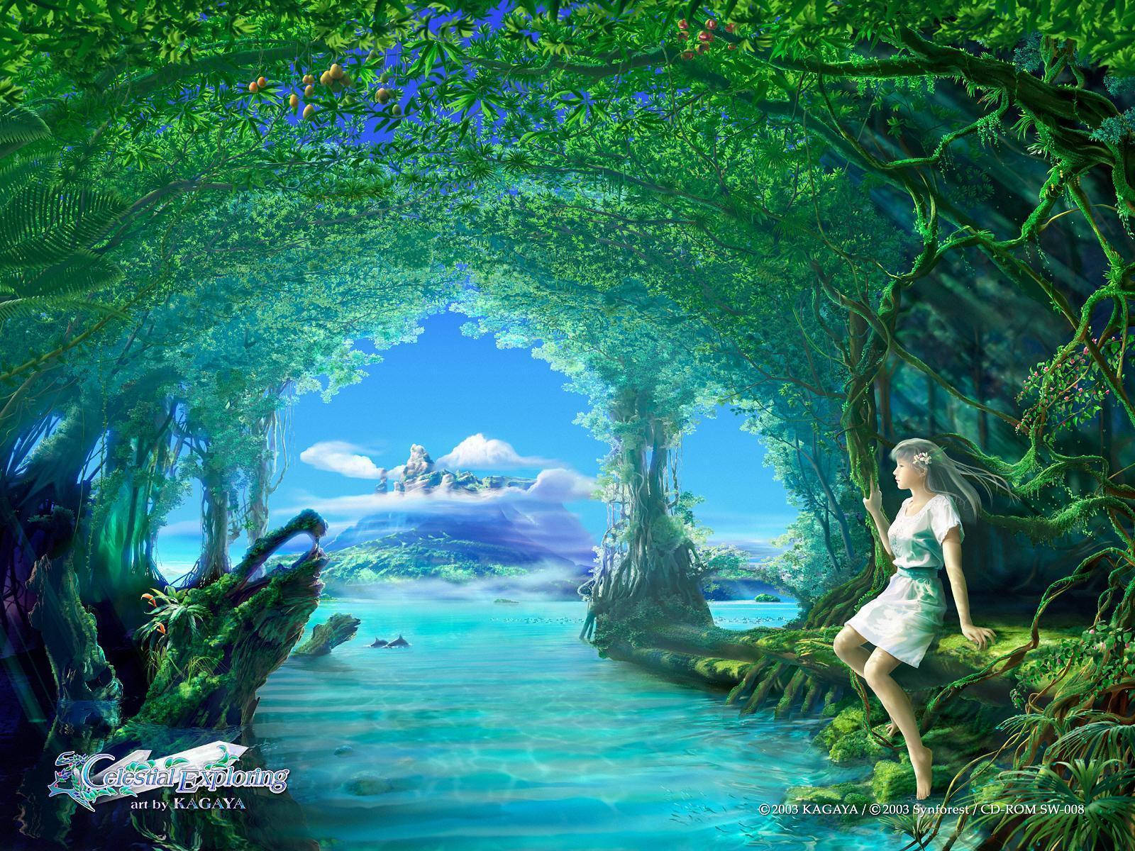 Imaginary World Girl On Lake Background