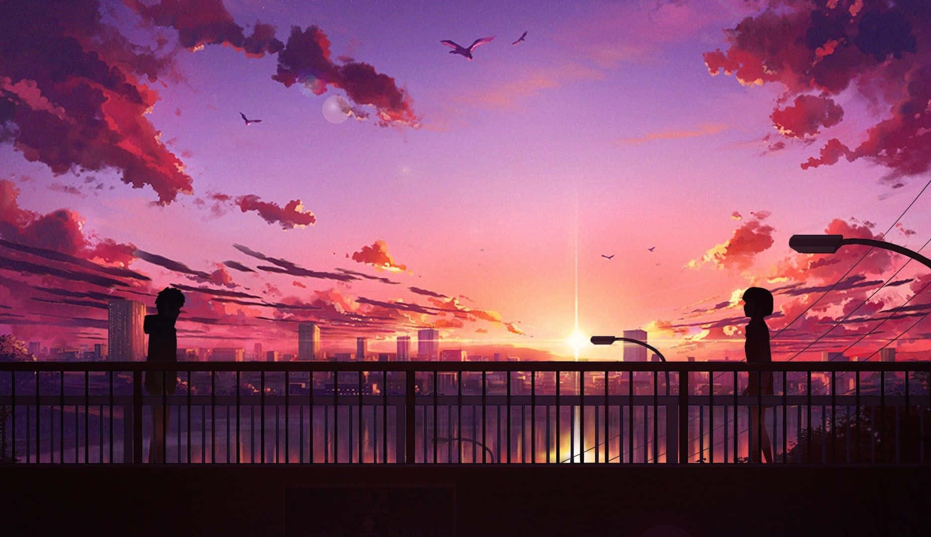 Immersed In The Beauty Of Nature, A Silhouette Of A Young Girl Sits And Admires The Stunning Anime Sunset. Background