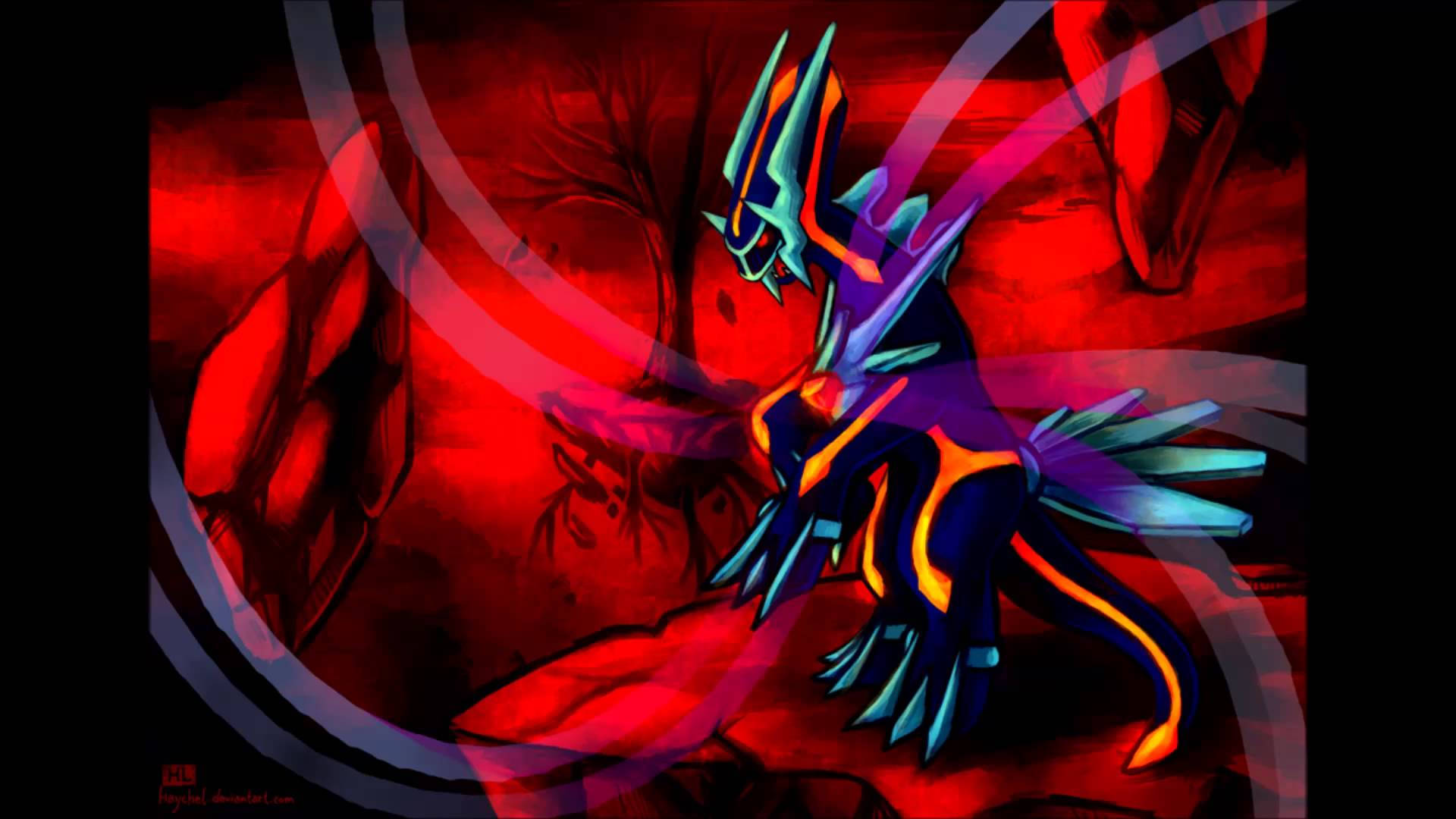 Imposing Red Dialga Standing By The Ruins Background