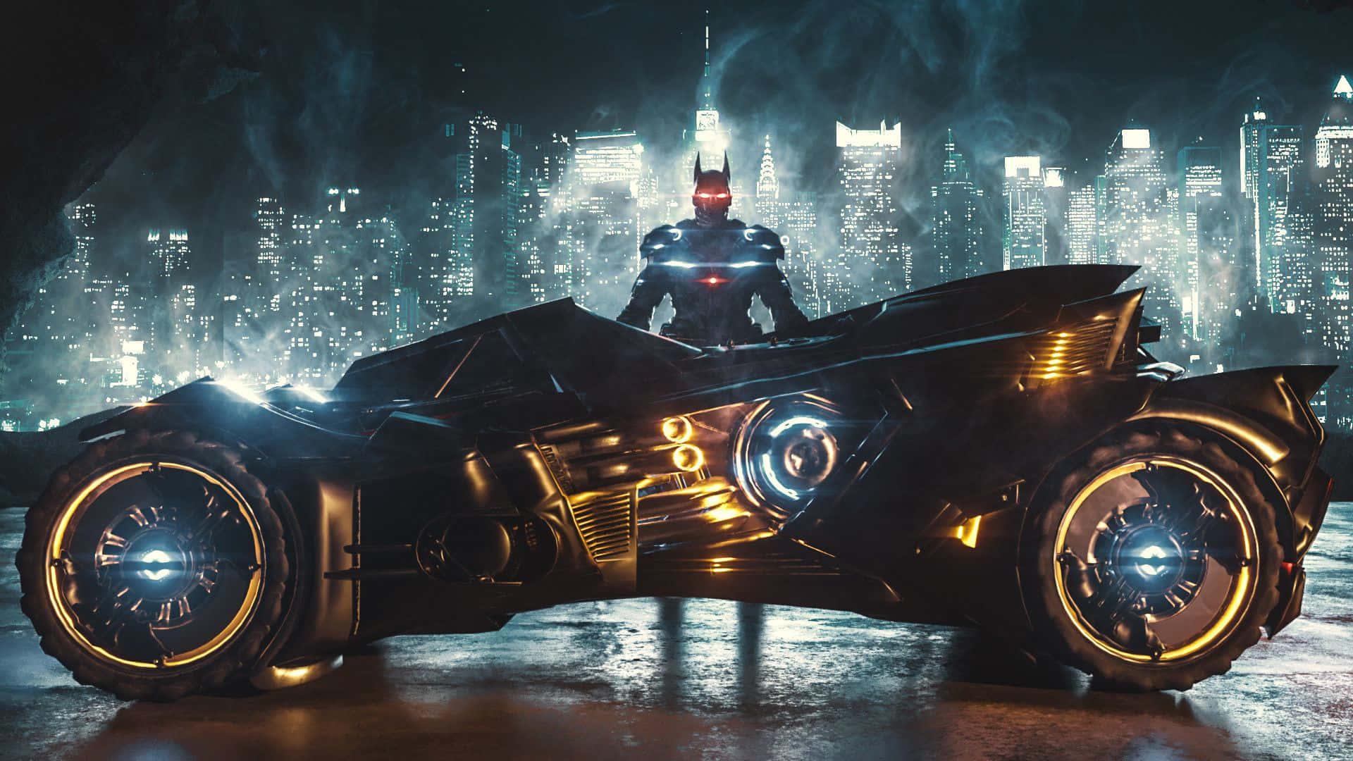 Impressive Display Of The Batman Car With Powerful Yellow Lights Background