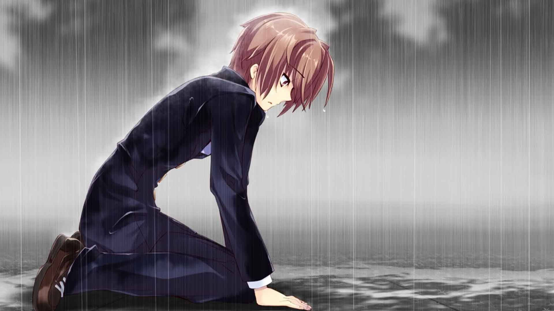 In The Rain Anime Boy Sad Aesthetic Background