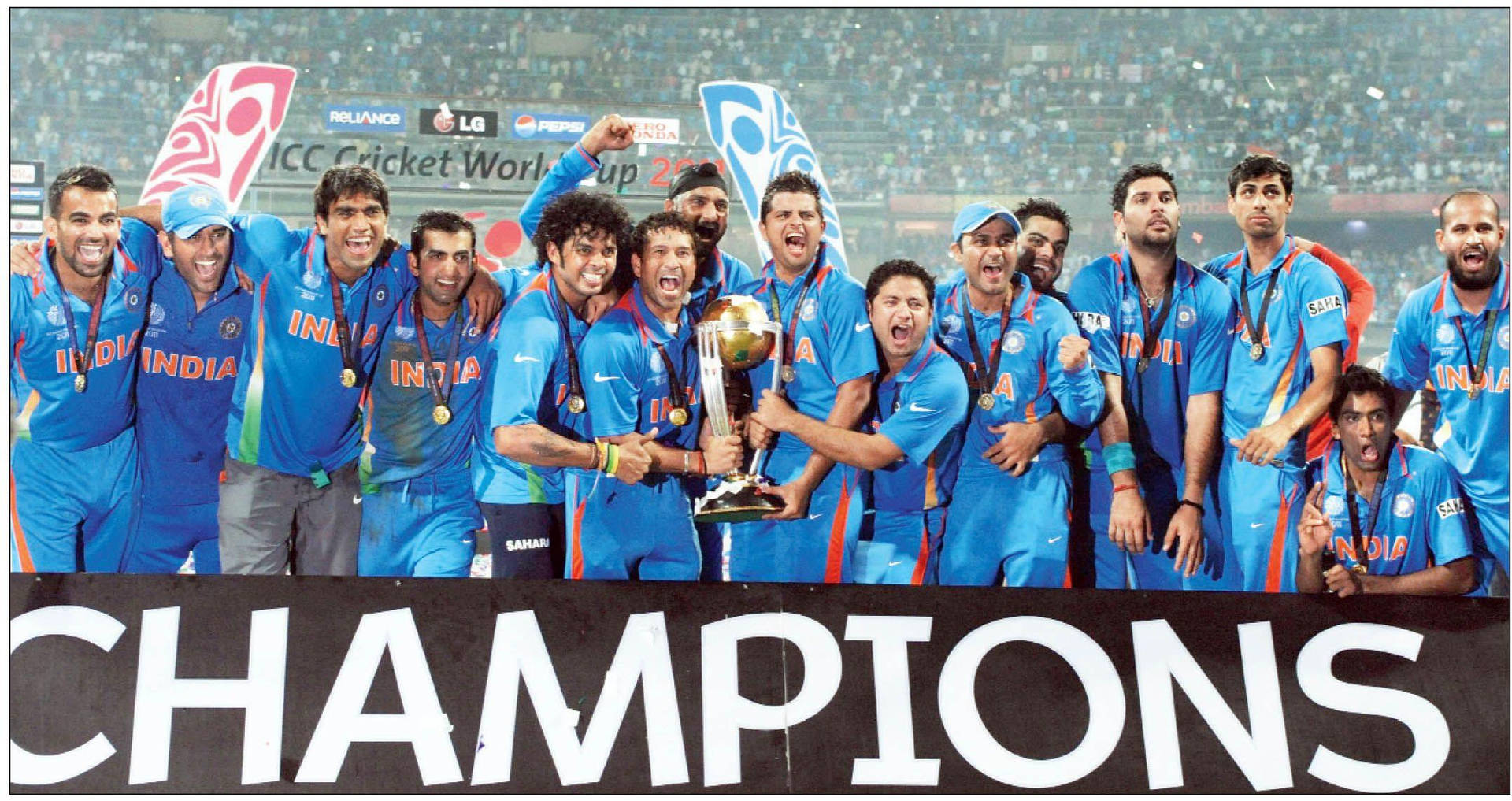 Indian Cricket Team With Champions Banner