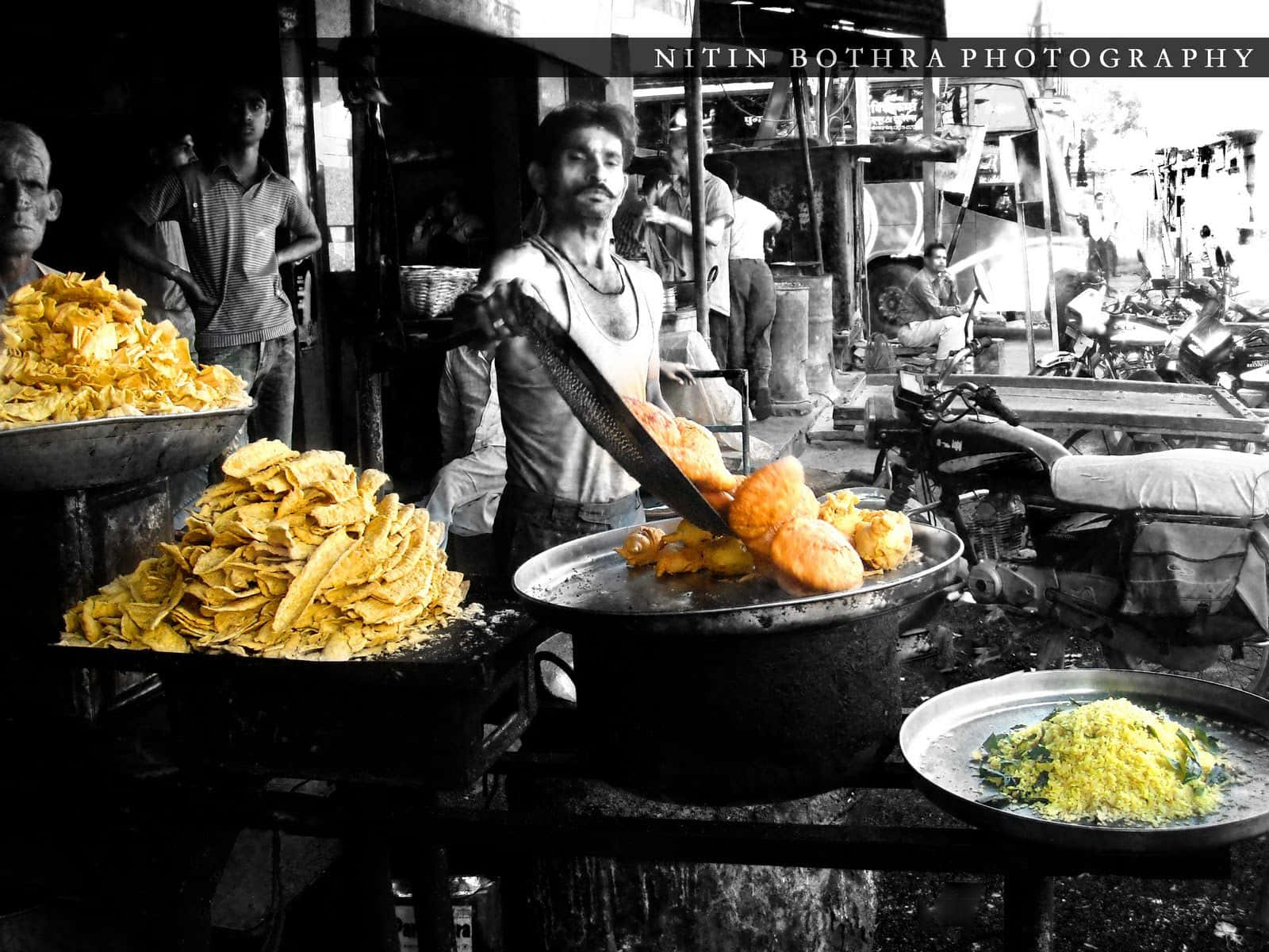 Indian Food In Street Grayscale Photograph Background