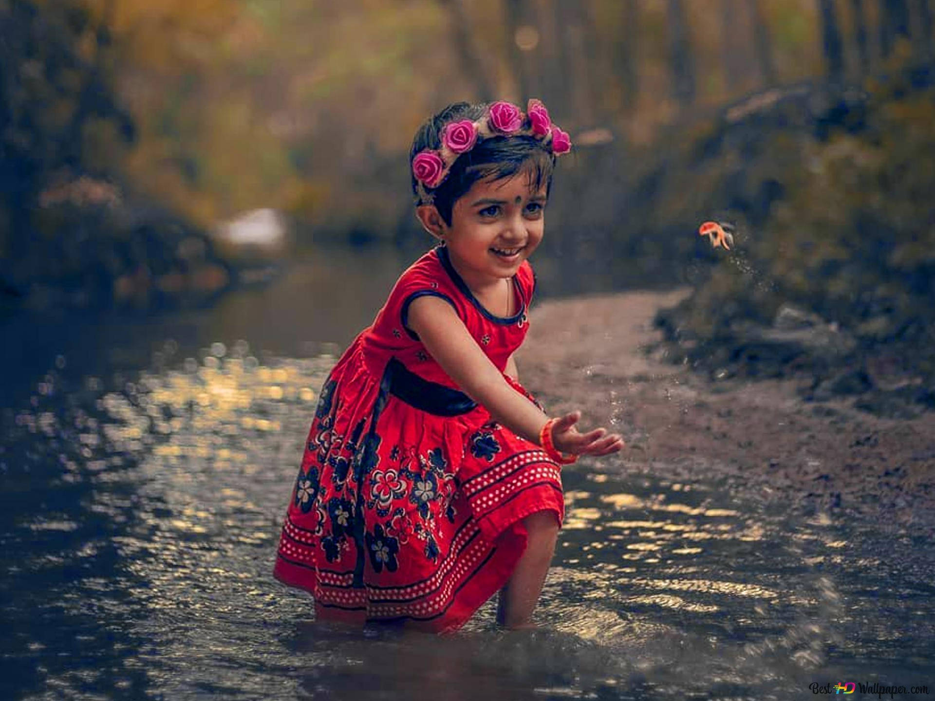 Indian Girl Child In The River Background