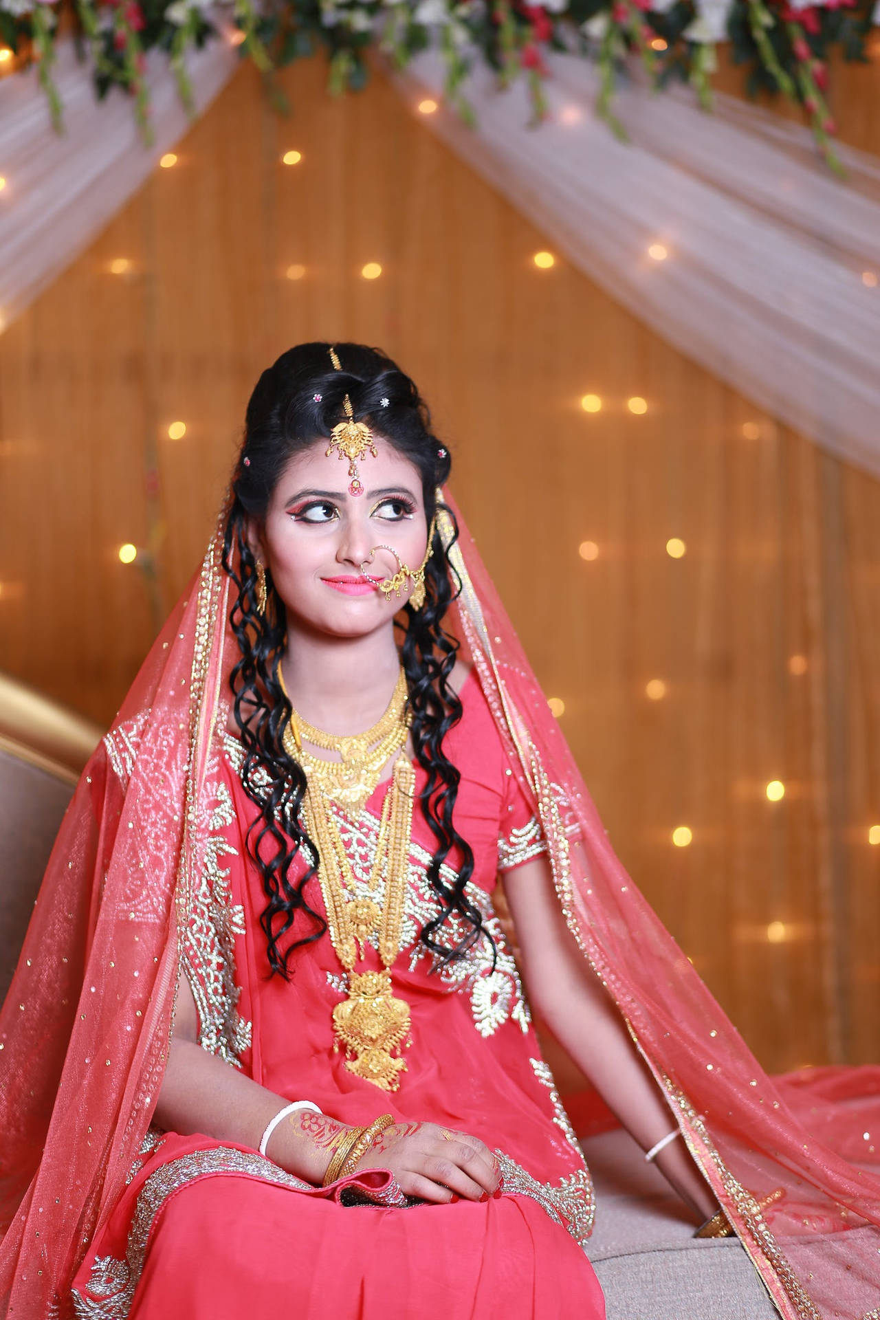 Indian Wedding Pink Sari Gold Necklace Background