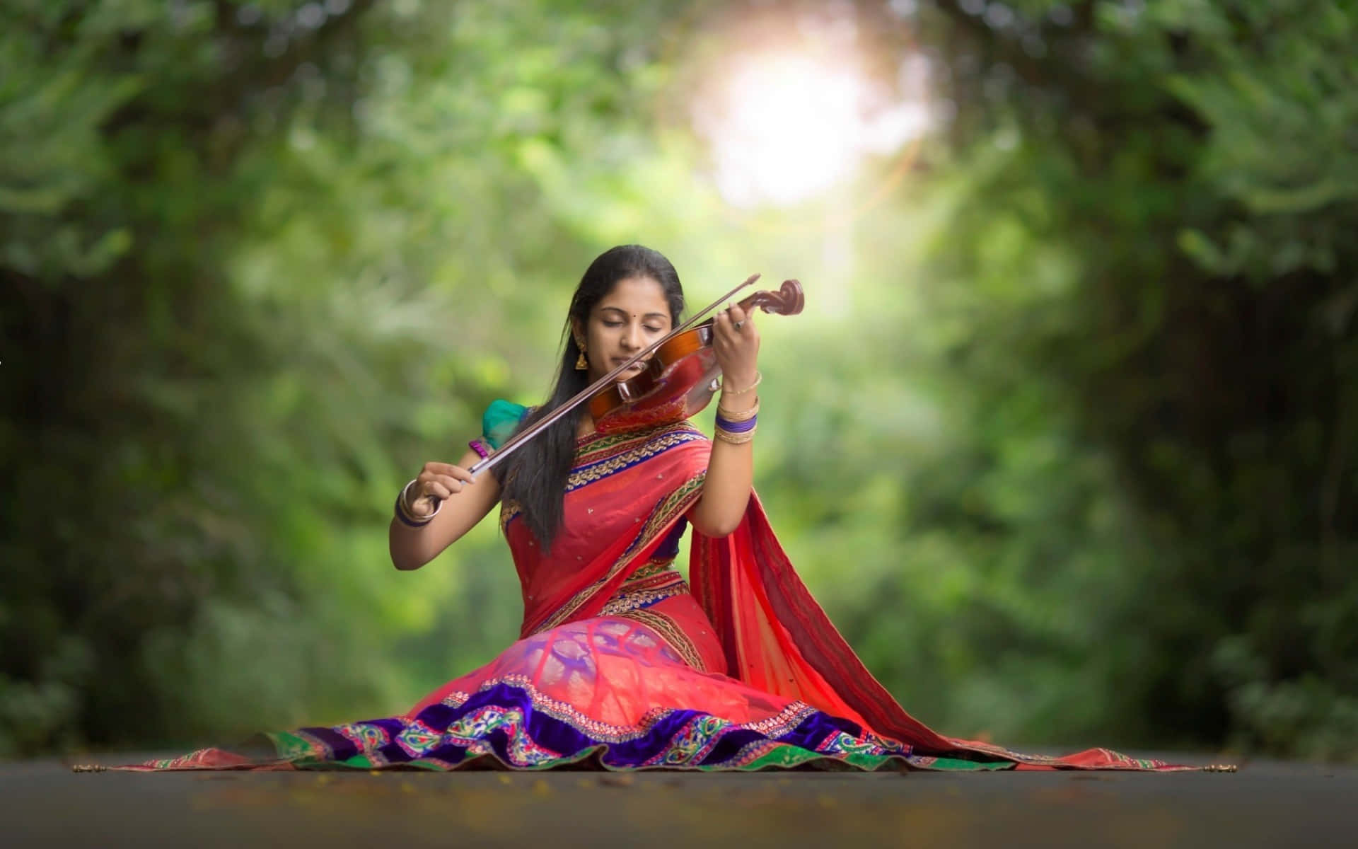 Indian Woman Playing Violin Wide Shot