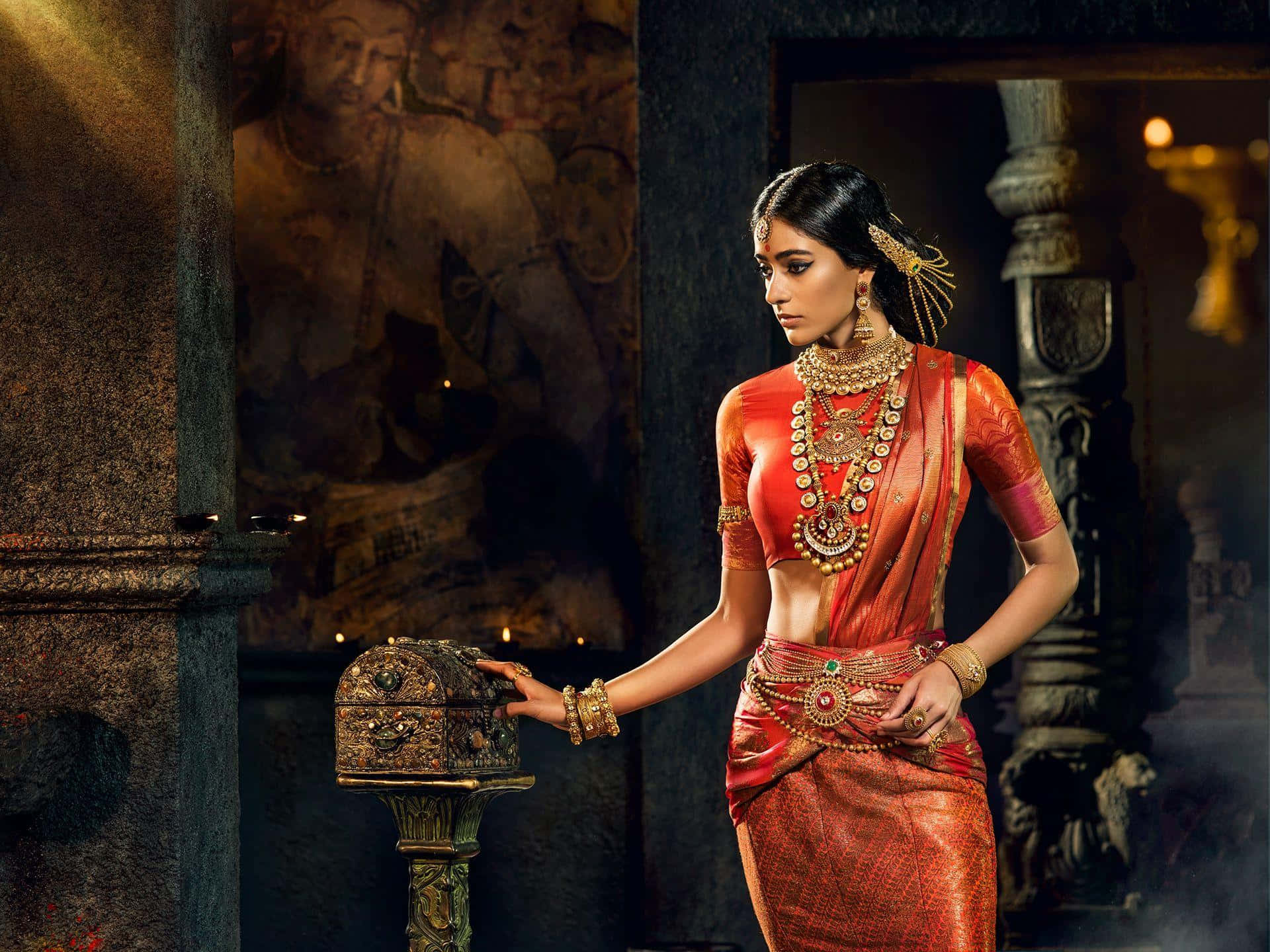 Indian Woman With Red Sari Jewelry Photoshoot