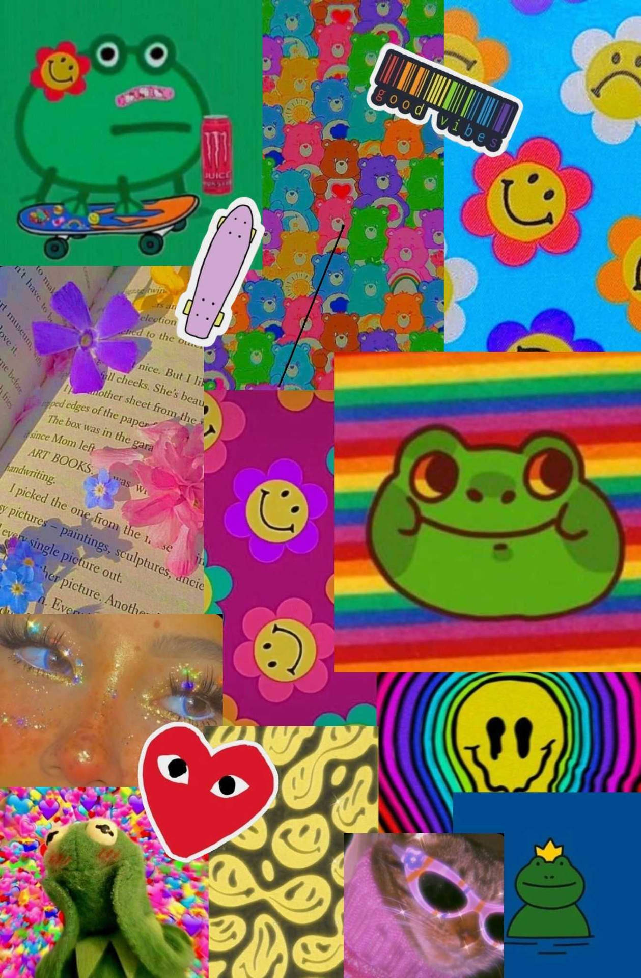 Indie Kid Aesthetic Collage Heart Frog Smiley Background