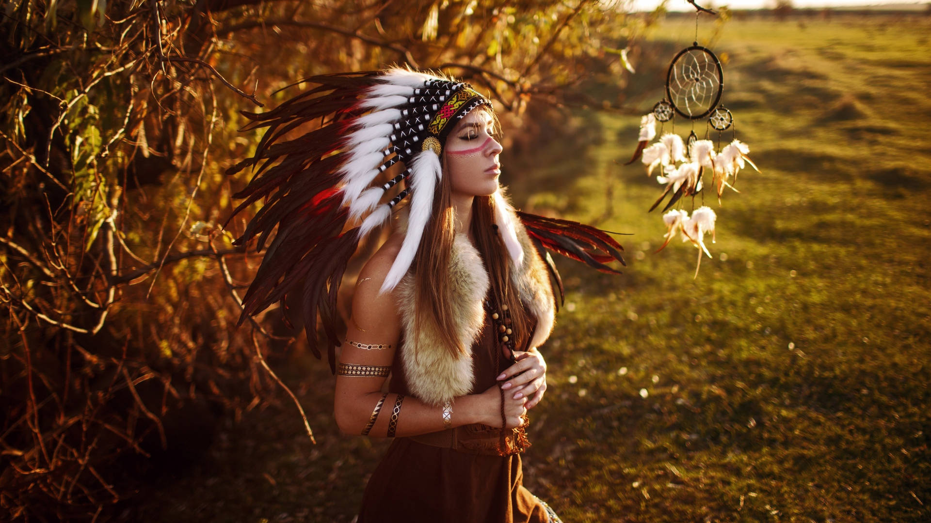 Indigenous Woman In Cultural Feathered Costume Background