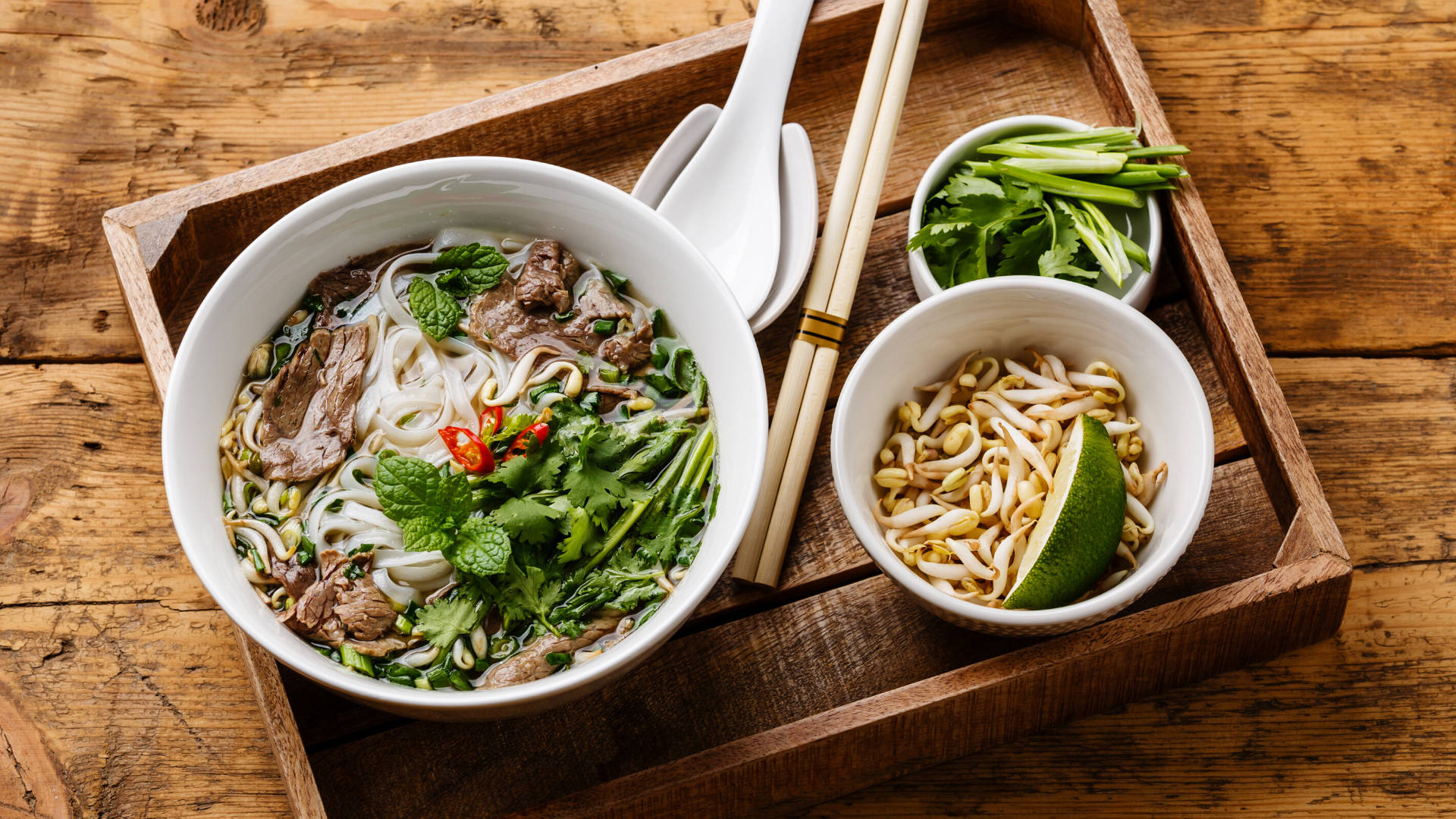 Indulgent Bowl Of Traditional Vietnamese Pho With Vegetables And Beef Background