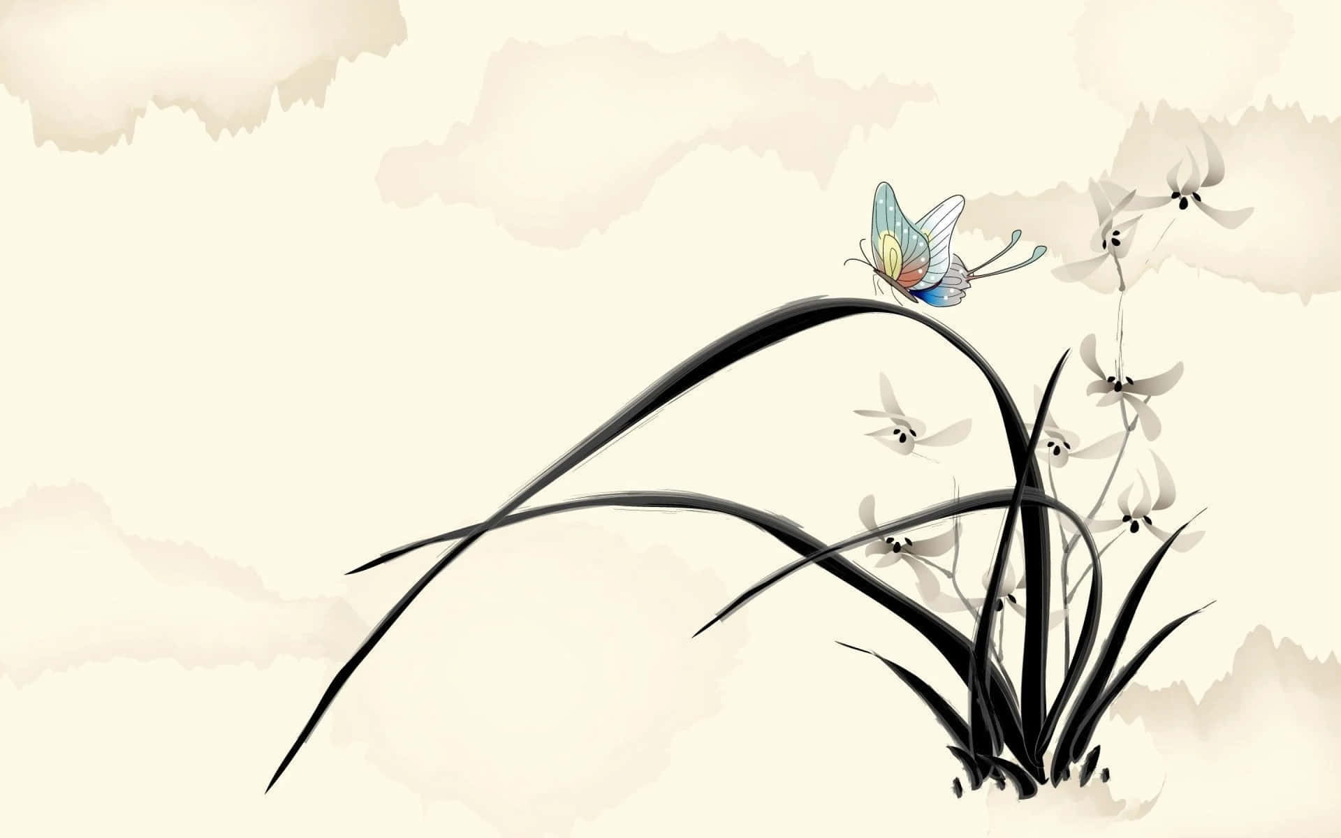 Ink Style Butterflyand Flowers Background