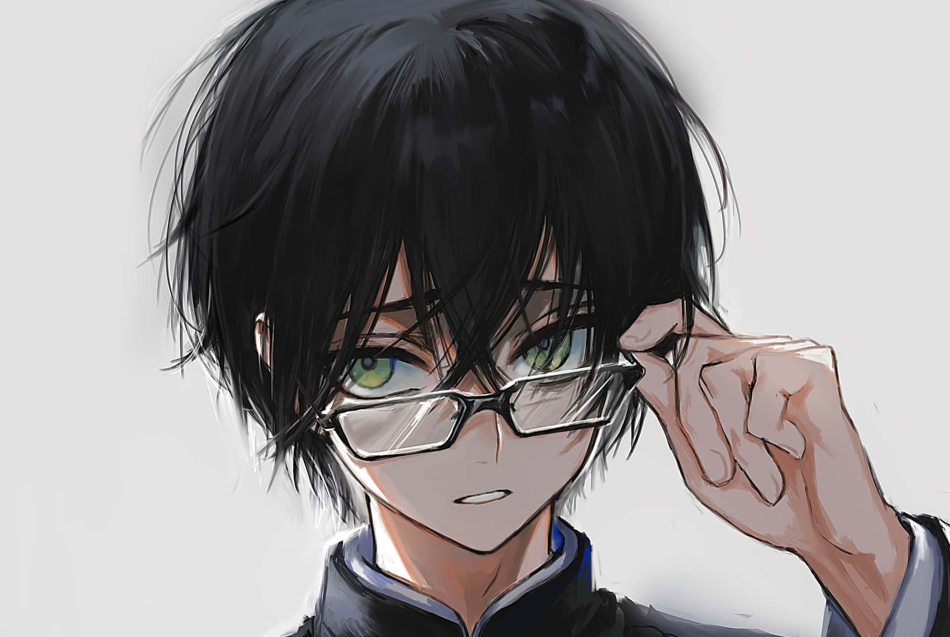 Intense Anime Boy Adjusting Glasses Background