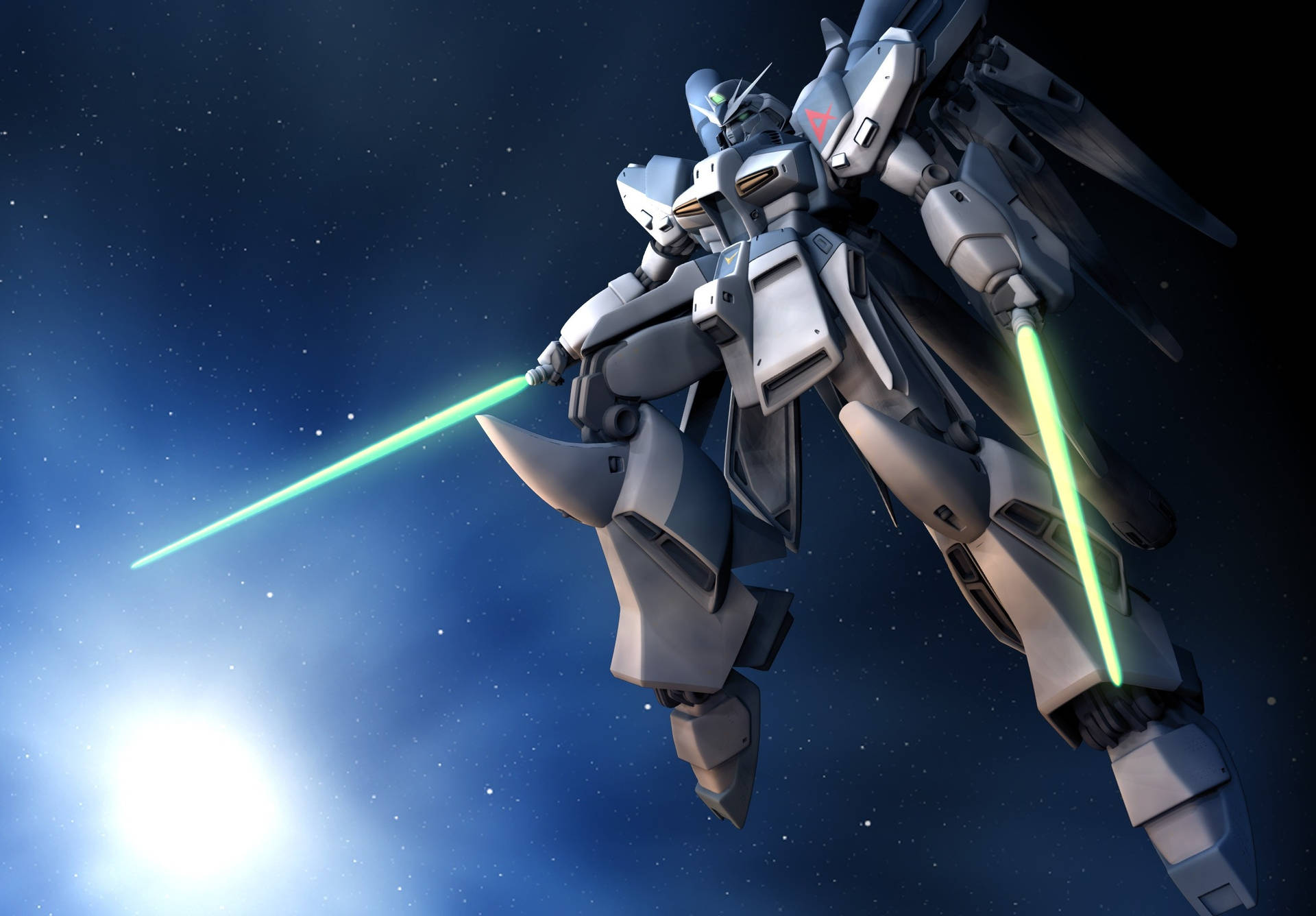 Intense Battle Scene With White And Green Mobile Suit Gundam Background