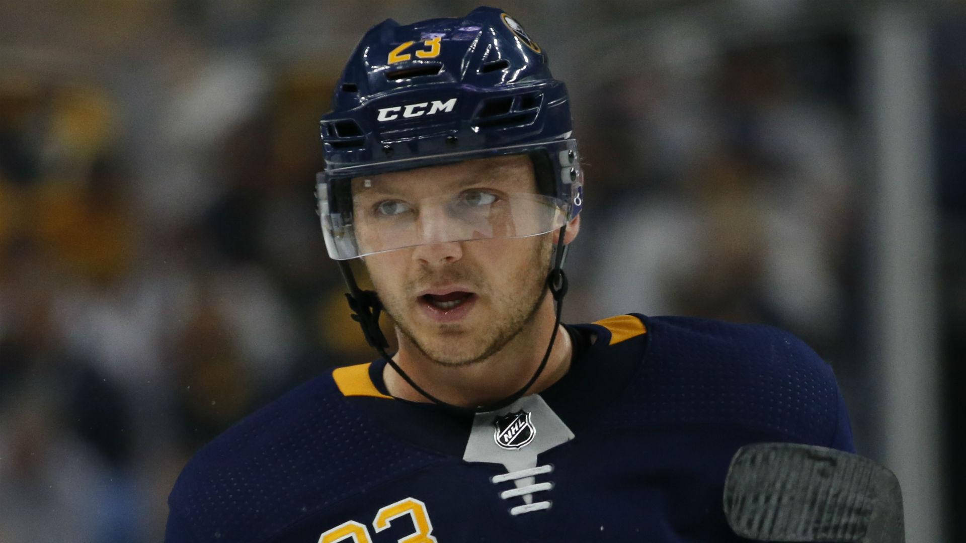 Intense Close-up Shot Of Canadian Ice Hockey Player, Sam Reinhart. Background