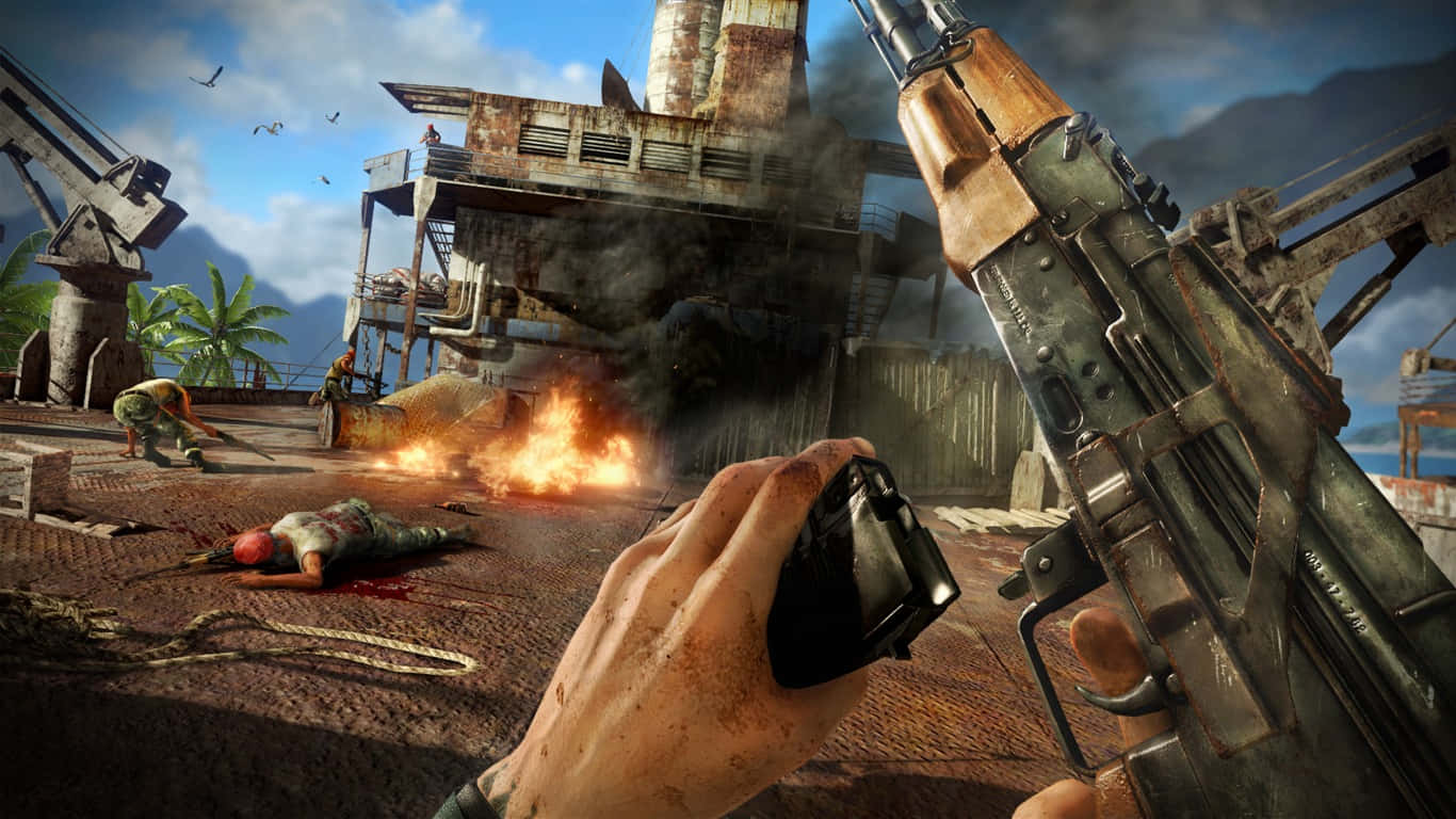 Intense_ Firefight_ At_ Oil_ Rig Background