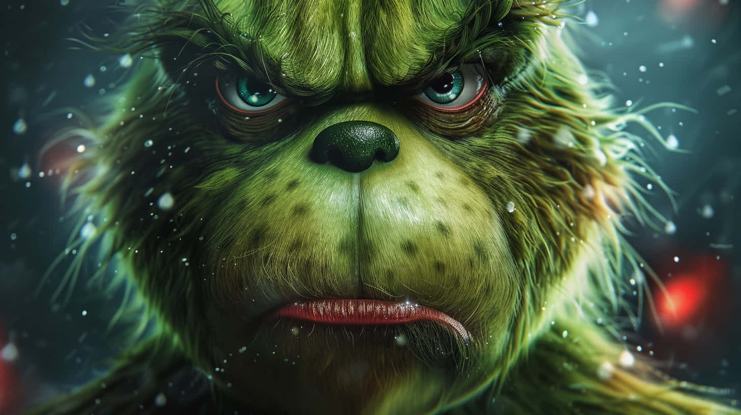 Intense Grinch Portrait Snowfall Background