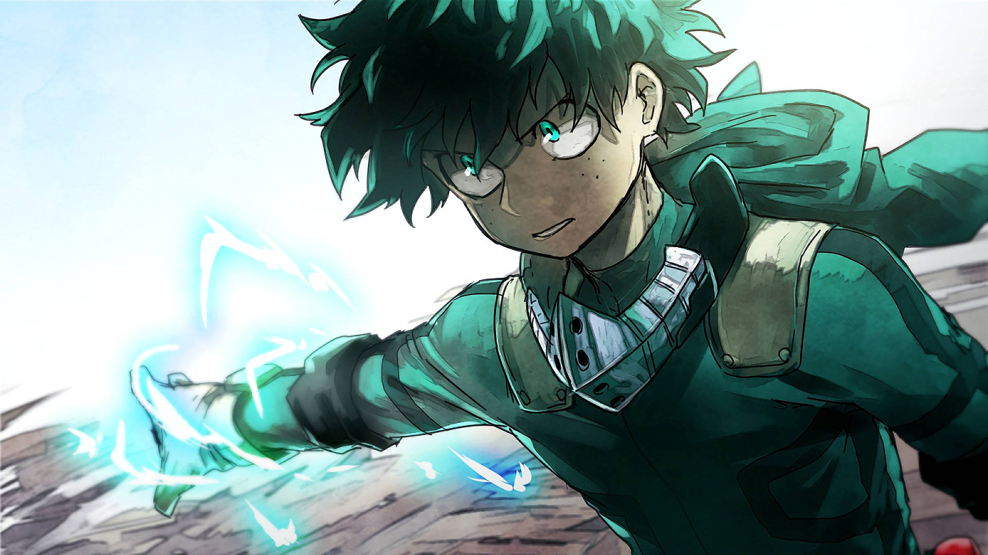 Intense Illustration Of Villain Deku Harnessing Green Lightning Energy Background