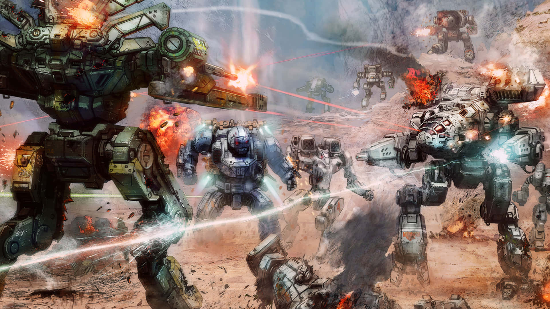Intense Mech Battle In Battletech Universe Background