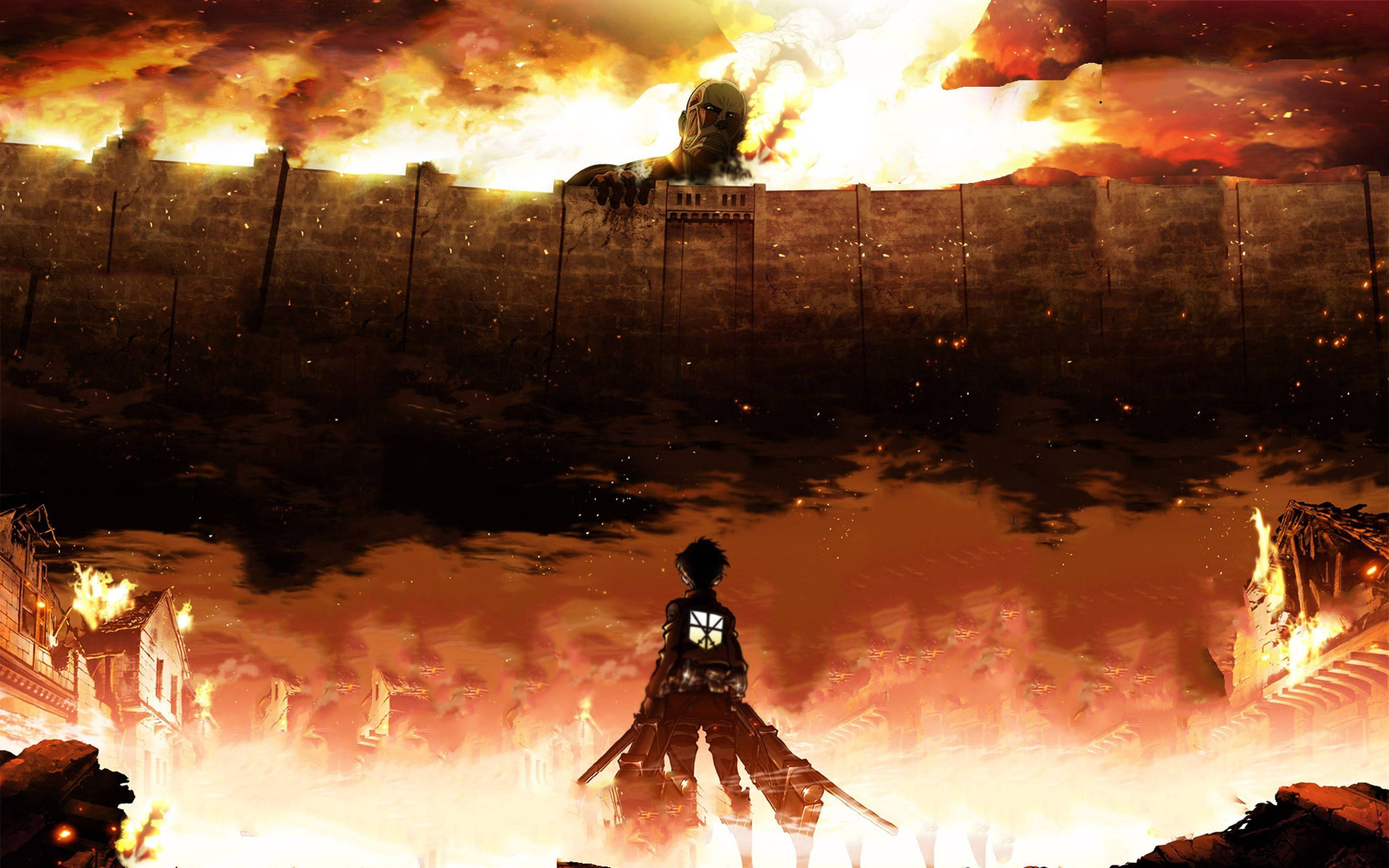 Intense Moment From Attack On Titans 4k, Featuring Eren In Steam Titan Form Background