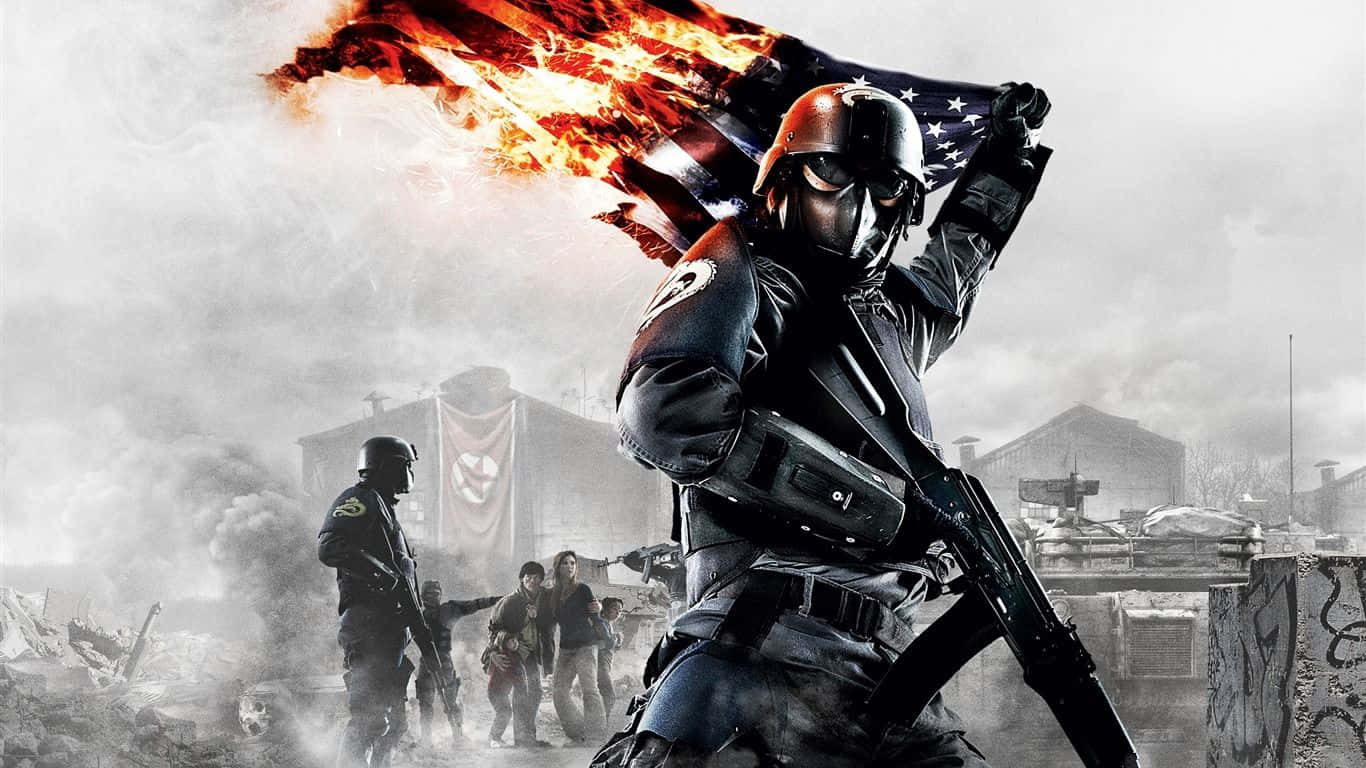 Intense Moment In Homefront Video Game With Burning Flag