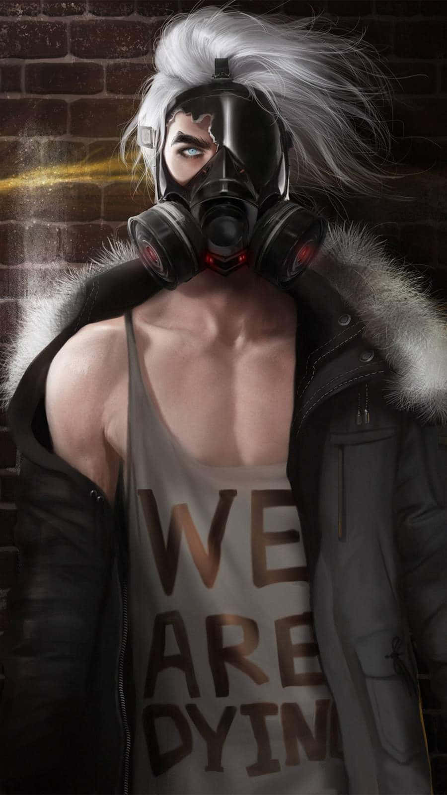 Intense Portrait Of A Muscular Young Man Wearing A Gas Mask Background