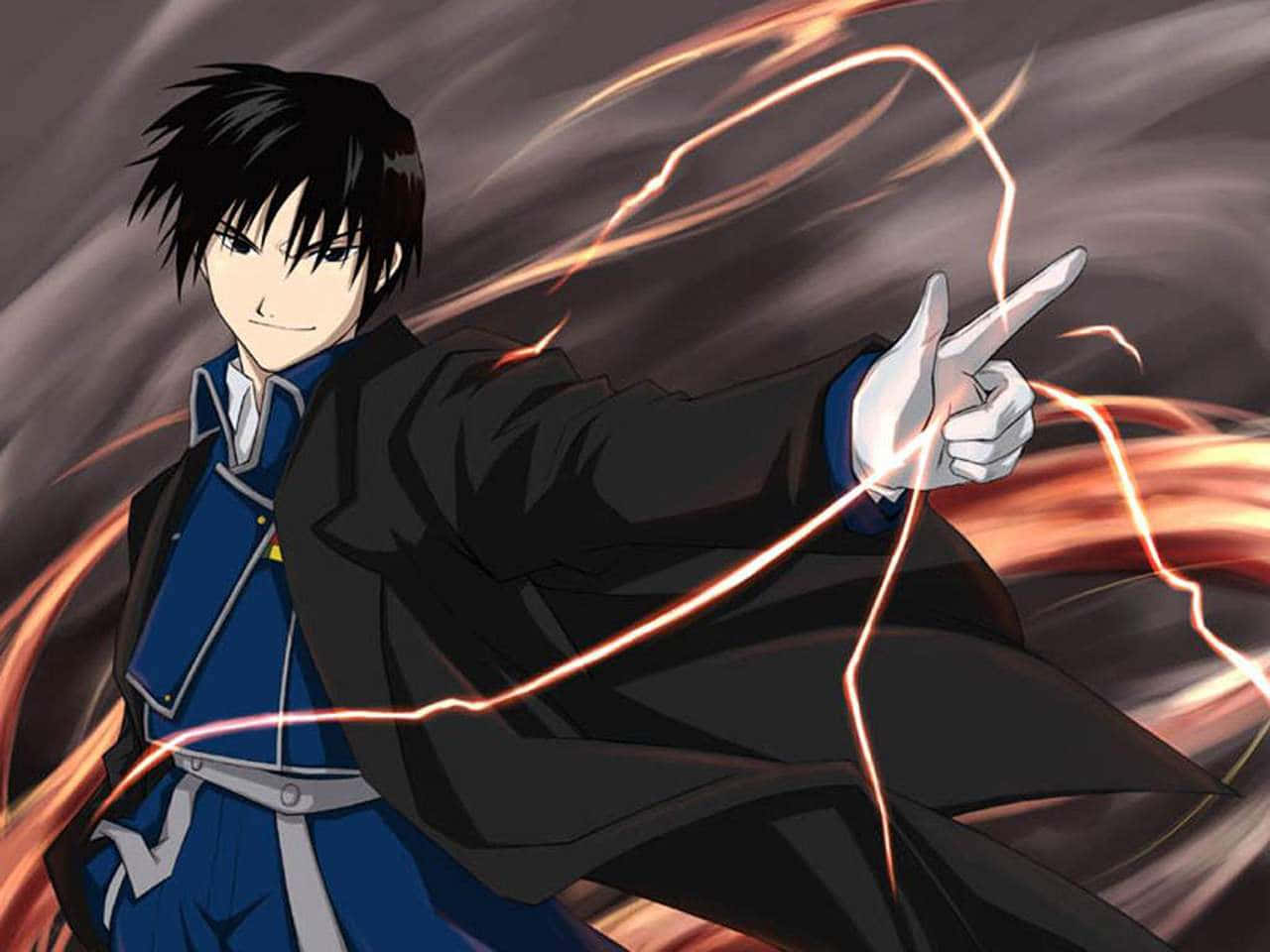 Intense Roy Mustang In Action With Flames And Dramatic Background Background