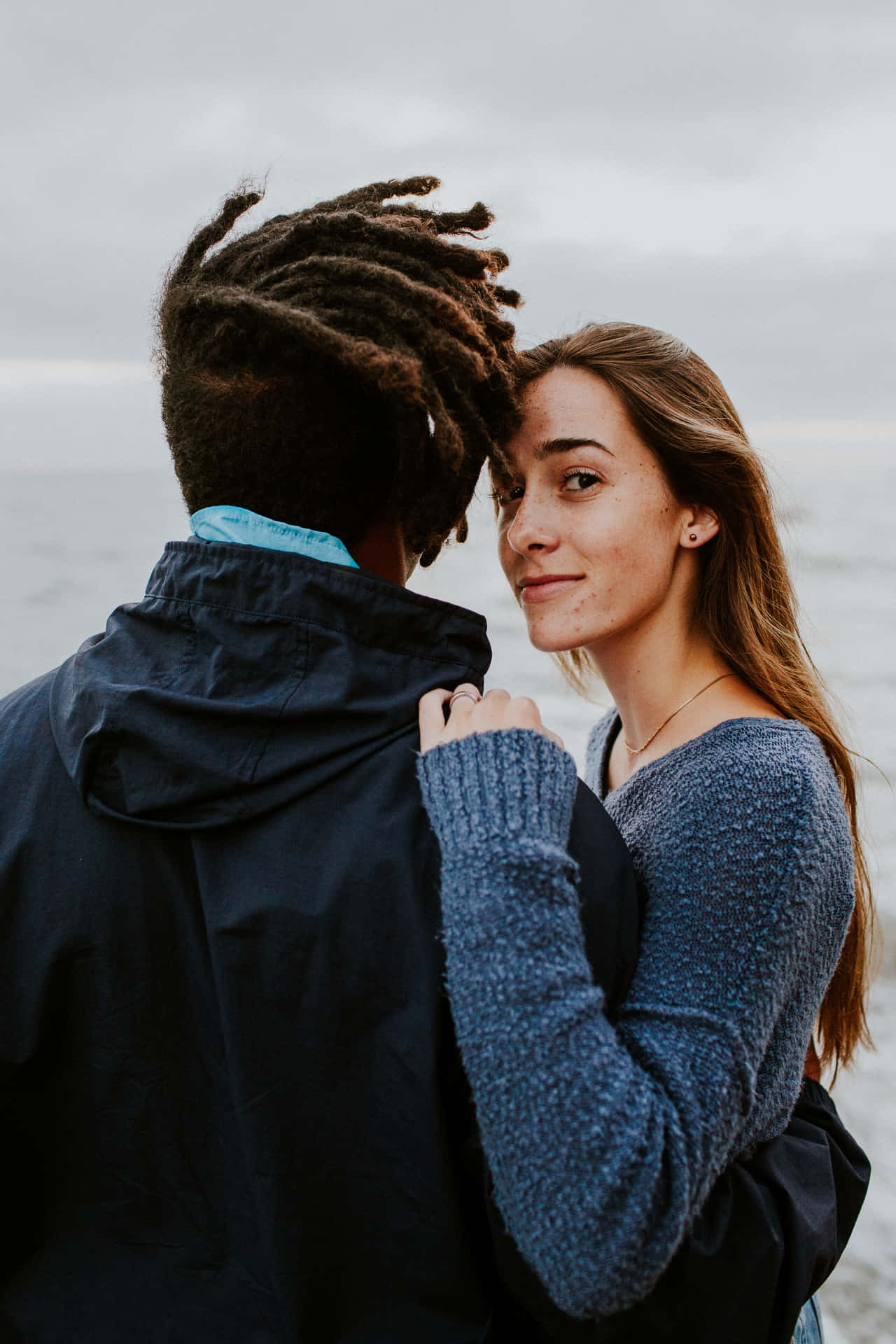 Interracial Couple Posing Outside Girl Looking Background