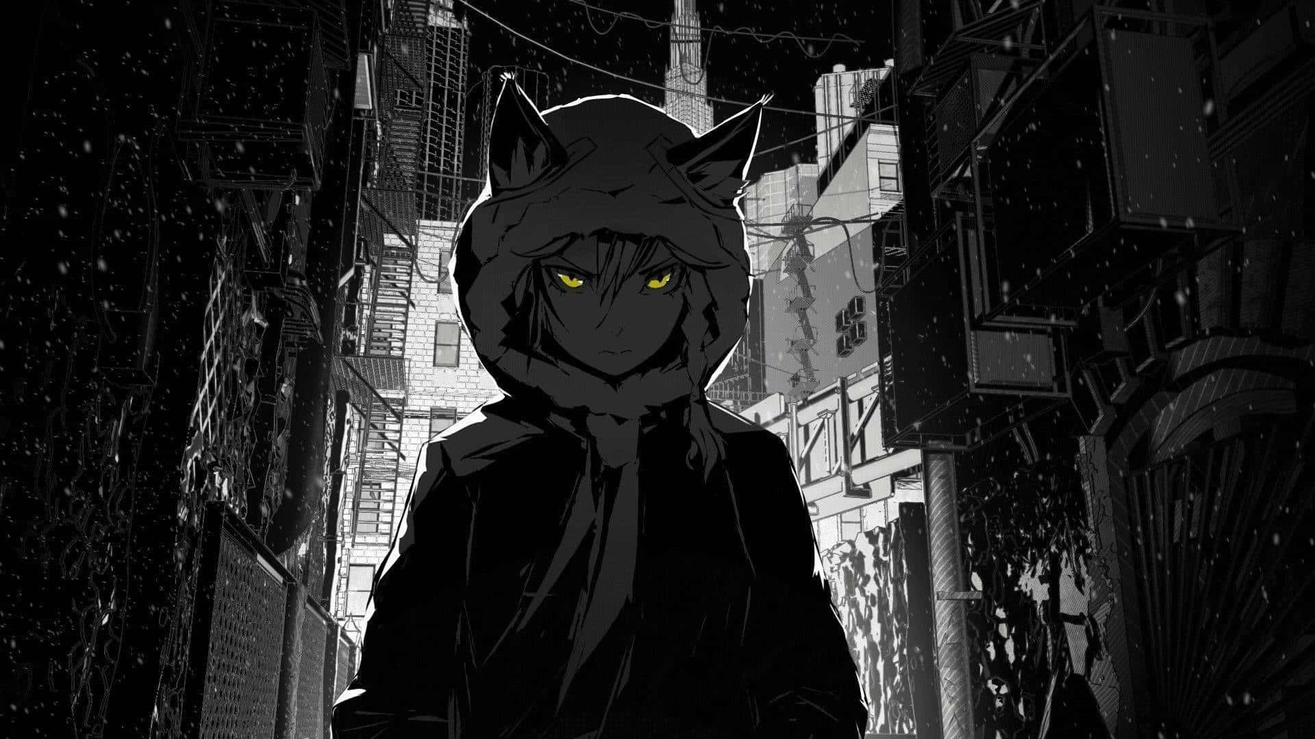 Intimidating Anime Boy With Glowing Red Eyes In A Horror Setting. Background