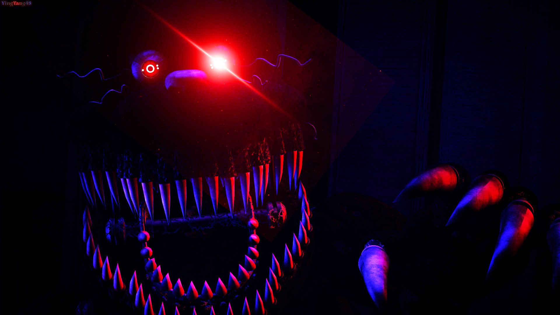 Intimidating Stare Of Nightmare Freddy With Glowing Red Eyes Background