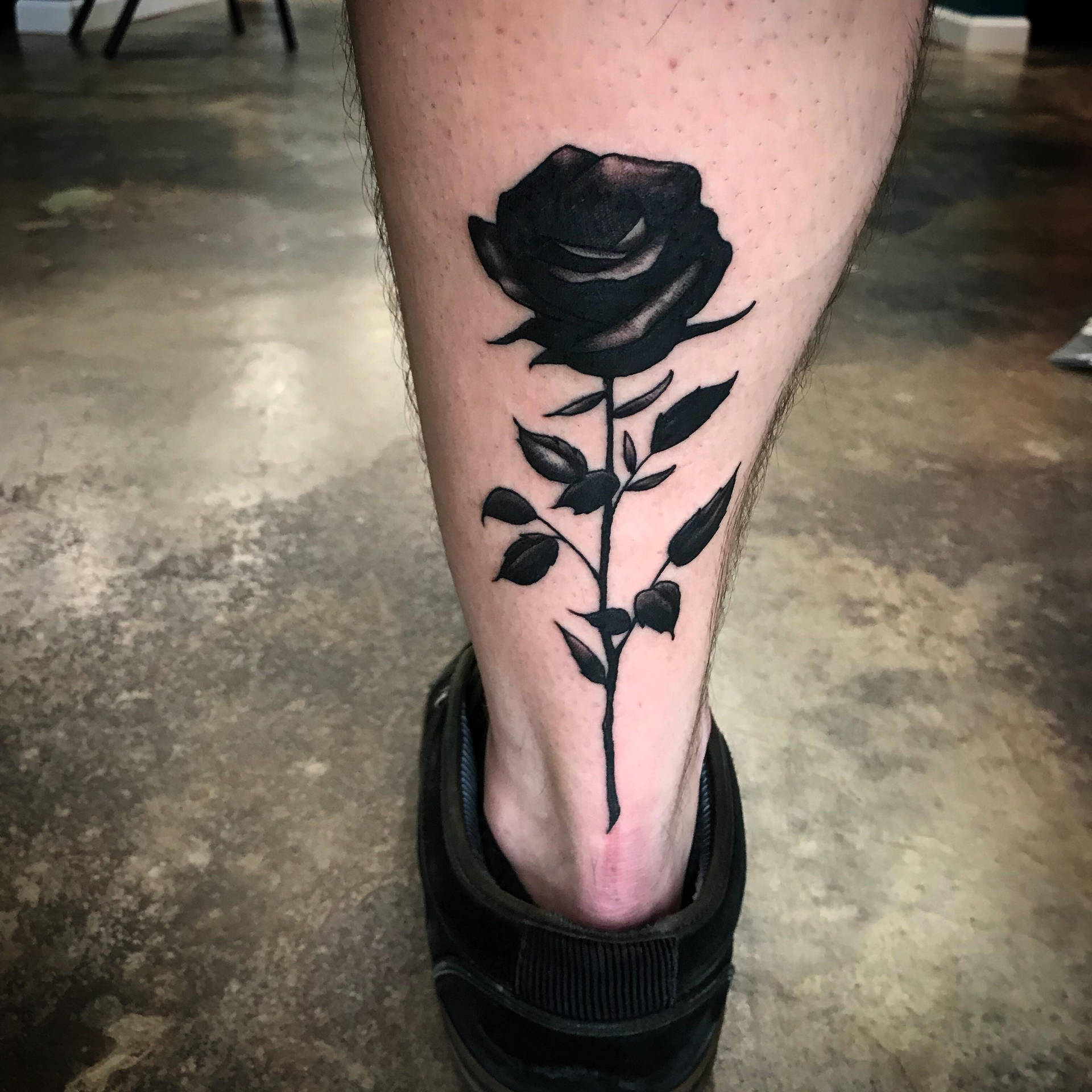 Intricate Black Rose Tattoo Design On Leg Background