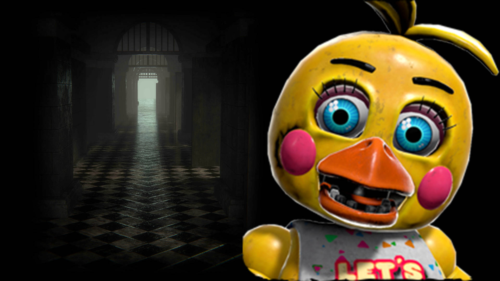 Intriguing Scene Of Toy Chica Navigating Through A Dark Hallway In Fnaf. Shrouded In Mystery With Stunning Details.