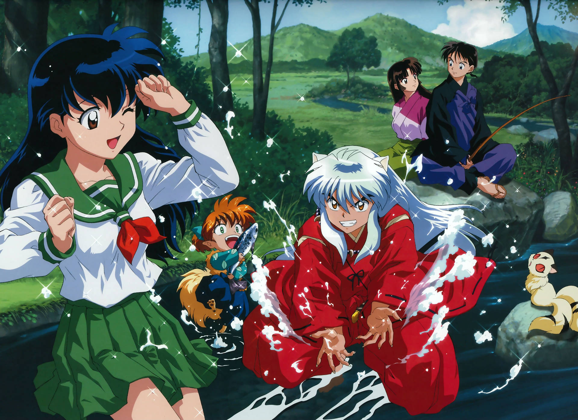 Inuyasha And Friends In River Background