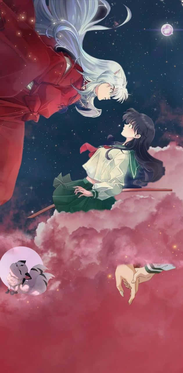 Inuyasha And Kagome On Pink Clouds Phone Background