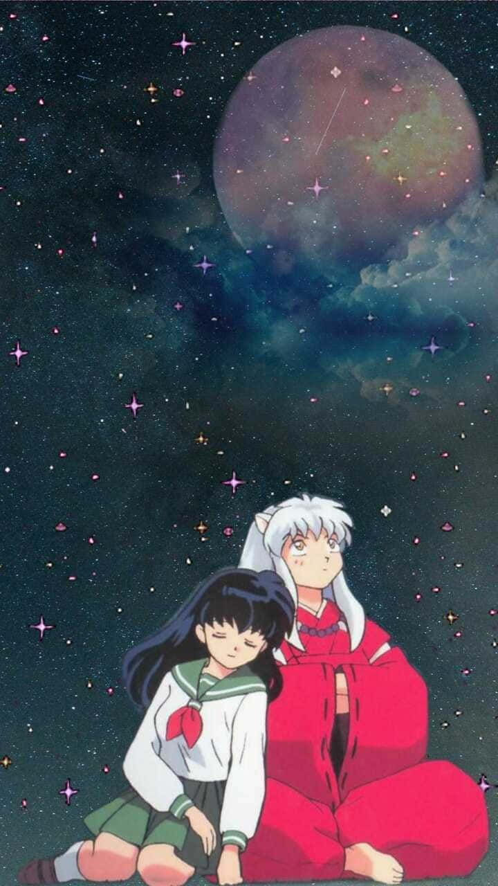 Inuyasha And Kagome Under Moon Phone Background