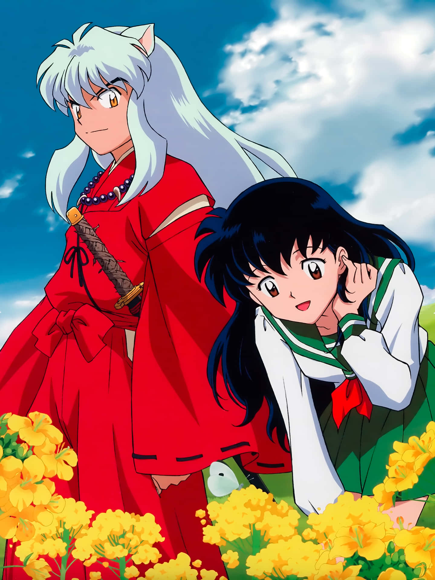 Inuyasha And Kagome With Yellow Flowers Phone Background