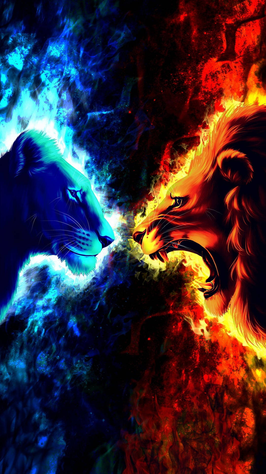 Iphone Blue Tiger Red Lion Fire Background