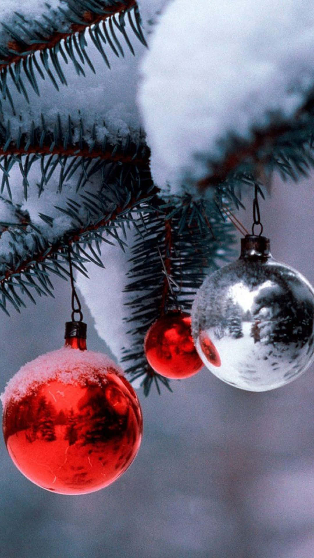 Iphone Christmas Snow Red Silver Balls Background