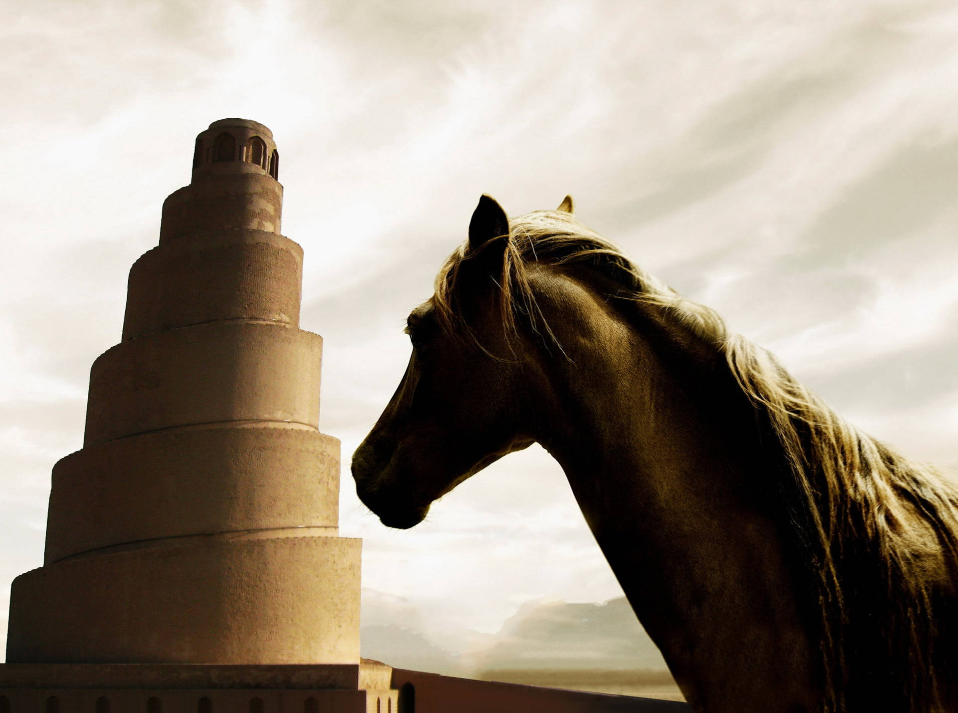 Iraq Samarra Spiral Minaret And Horse Background