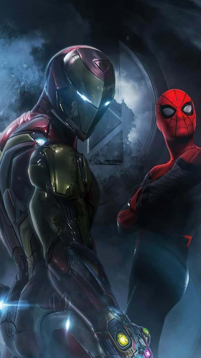 Iron Man And Spiderman Facing Off In An Epic Superhero Fight Background