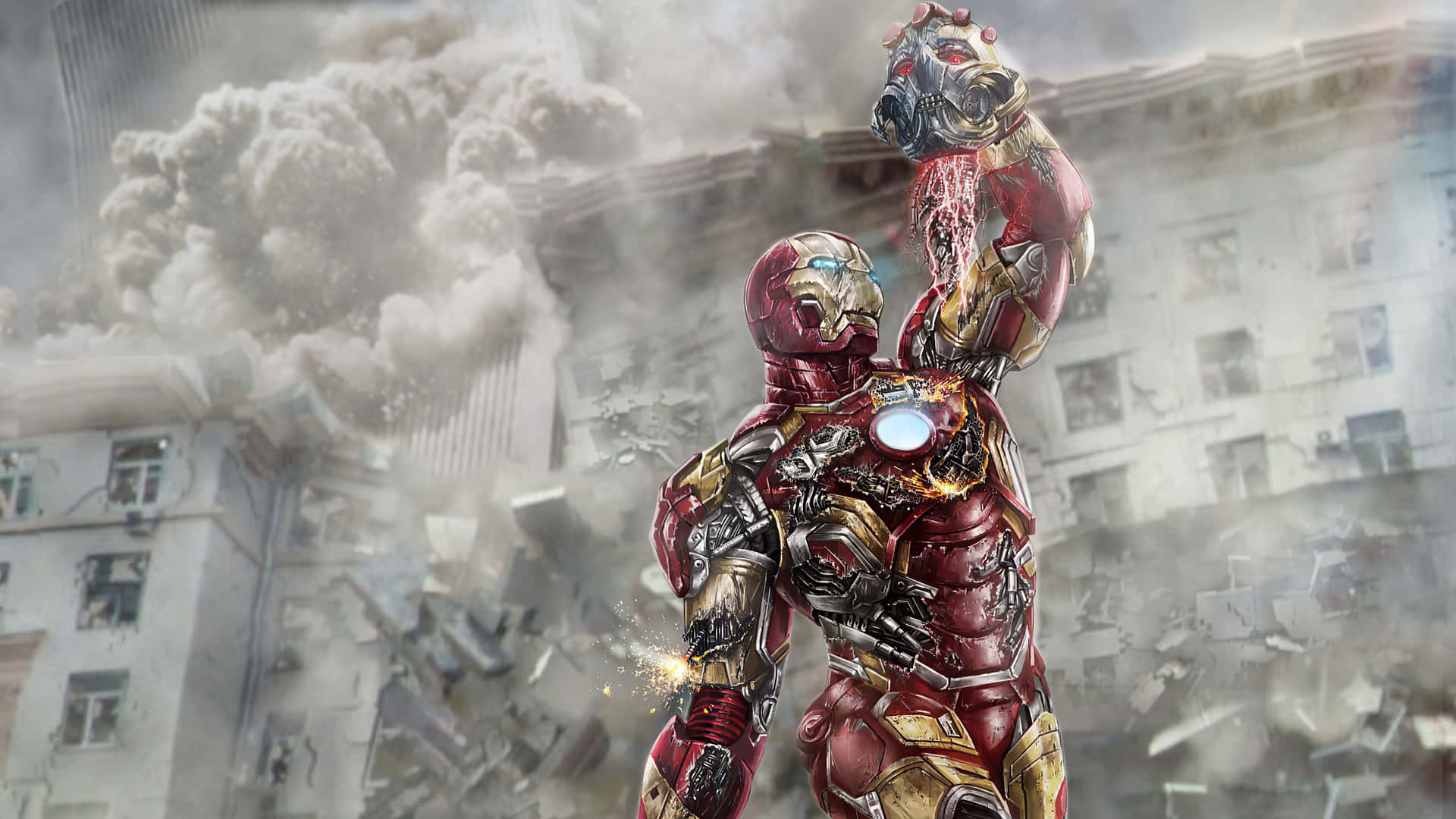 Iron Man Holding Ultron's Head