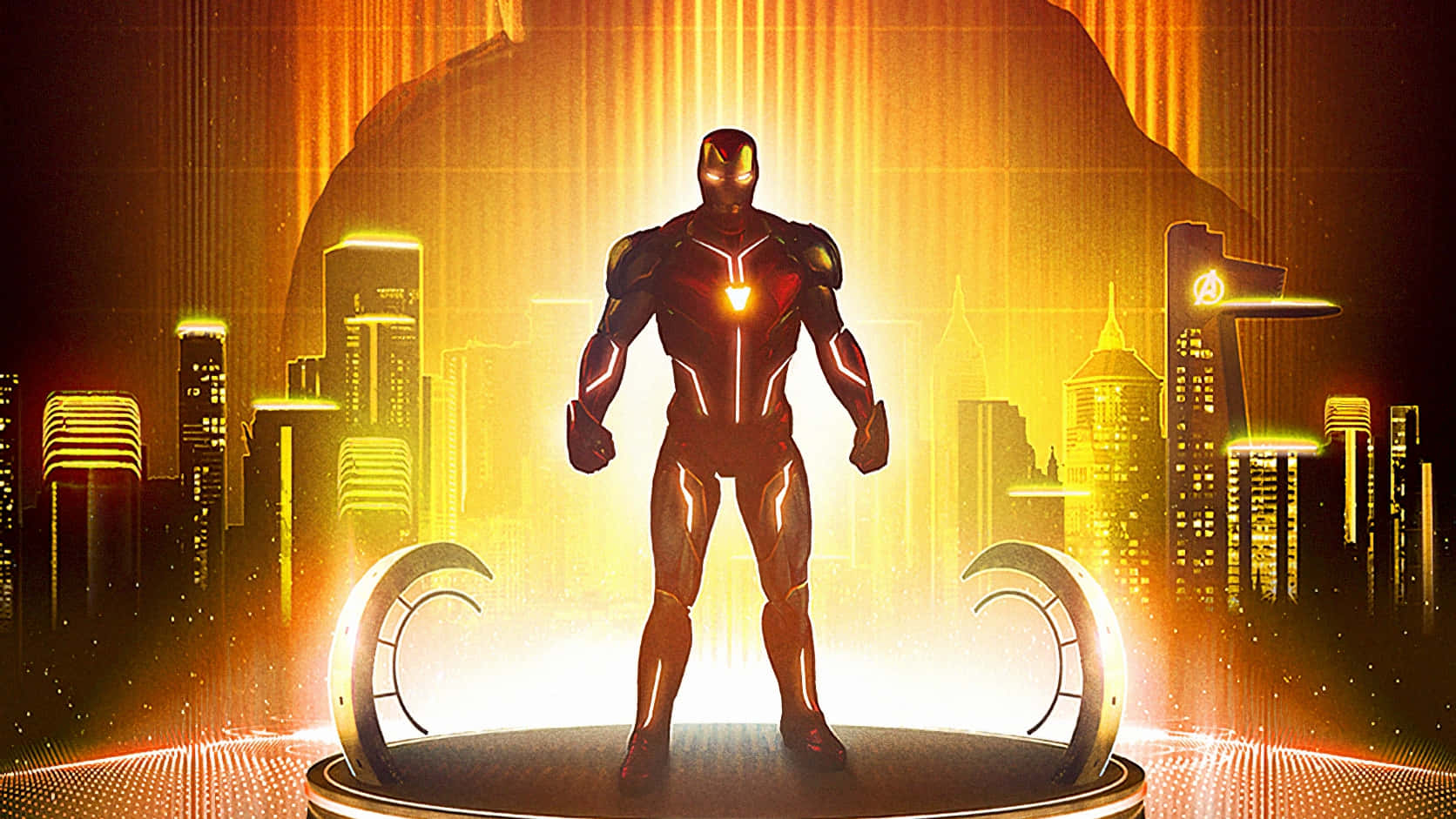 Iron Man Standing Tall Against Cityscape Background