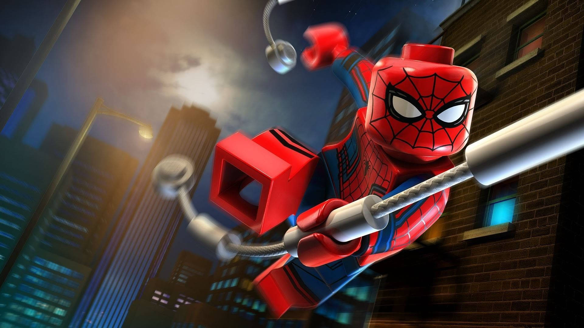 Iron Spiderman Lego Nighttime Cityscape Background