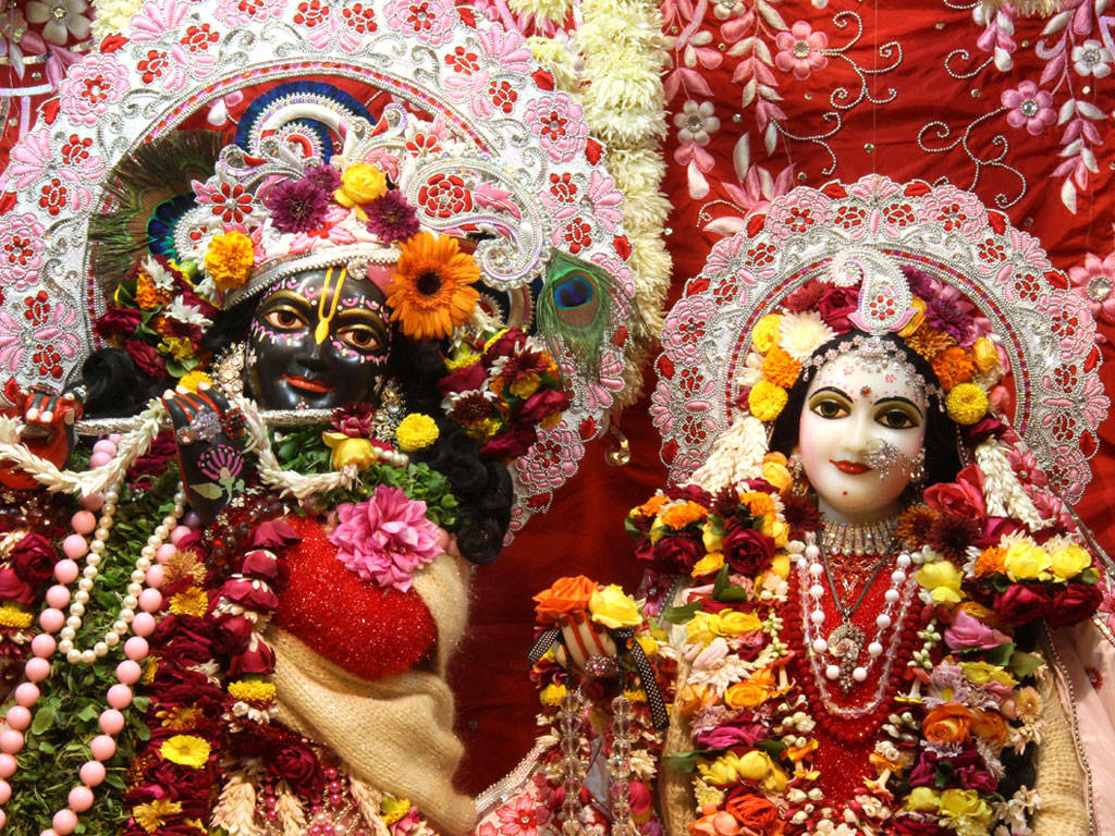 Iskcon Krishna And Radha Wearing Gajrai Background
