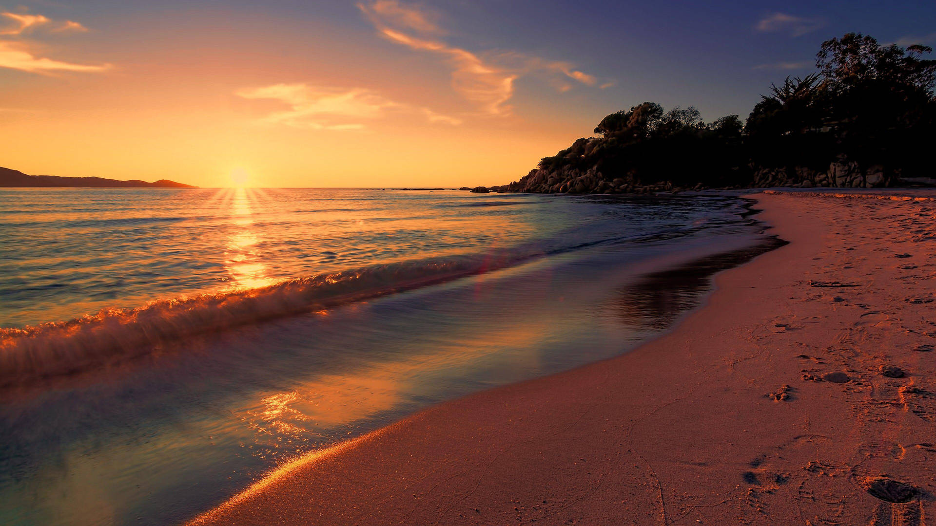 Island Beach On Orange Sunset Background